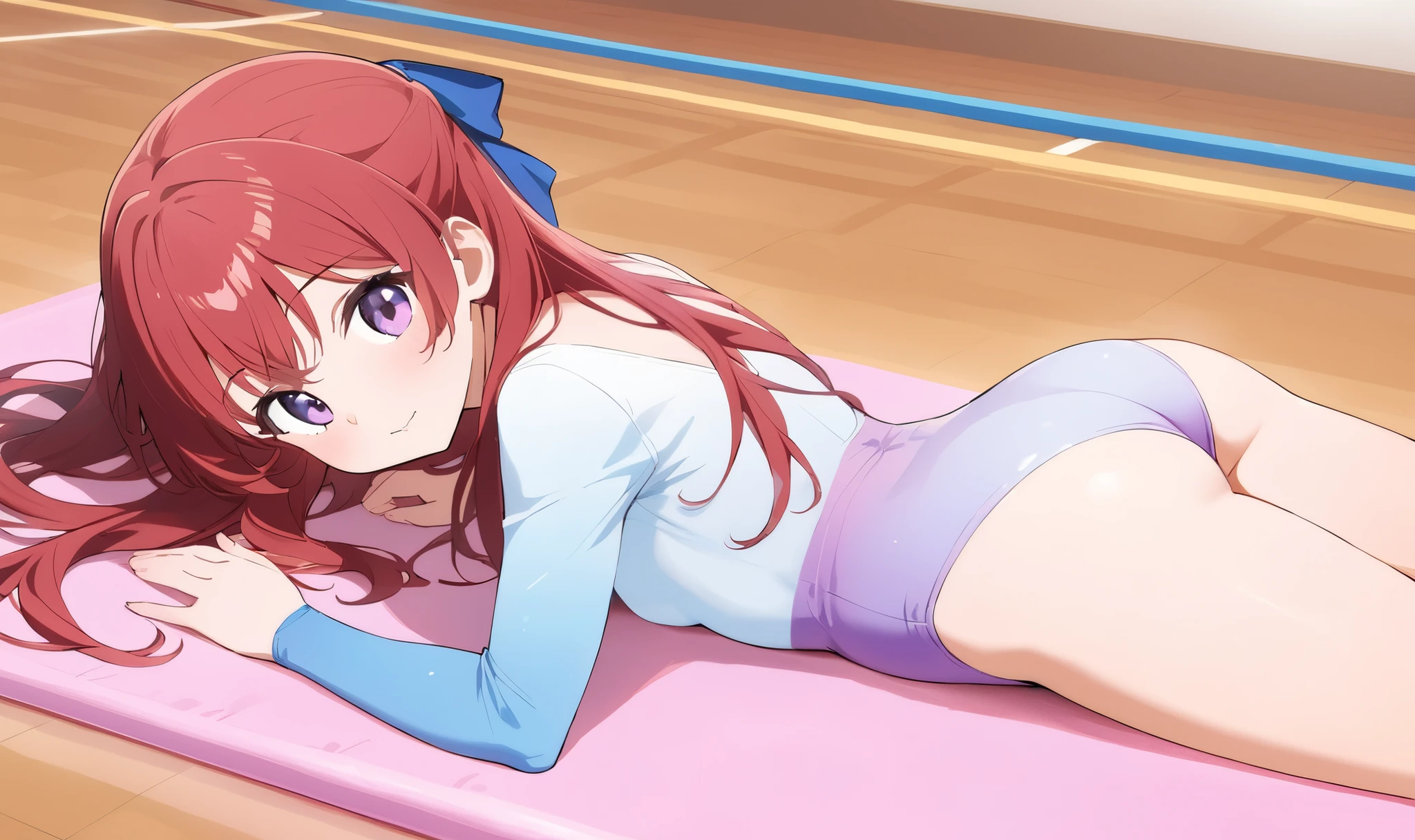 an anime cartoon girl on a floor a long hair style, 1girl, athletic leotard, solo, leotard, long wave hair, red hair, blue ribbon, blue leotard, purple leotard, gymnastics, purple eyes, ass, prone, on stomach