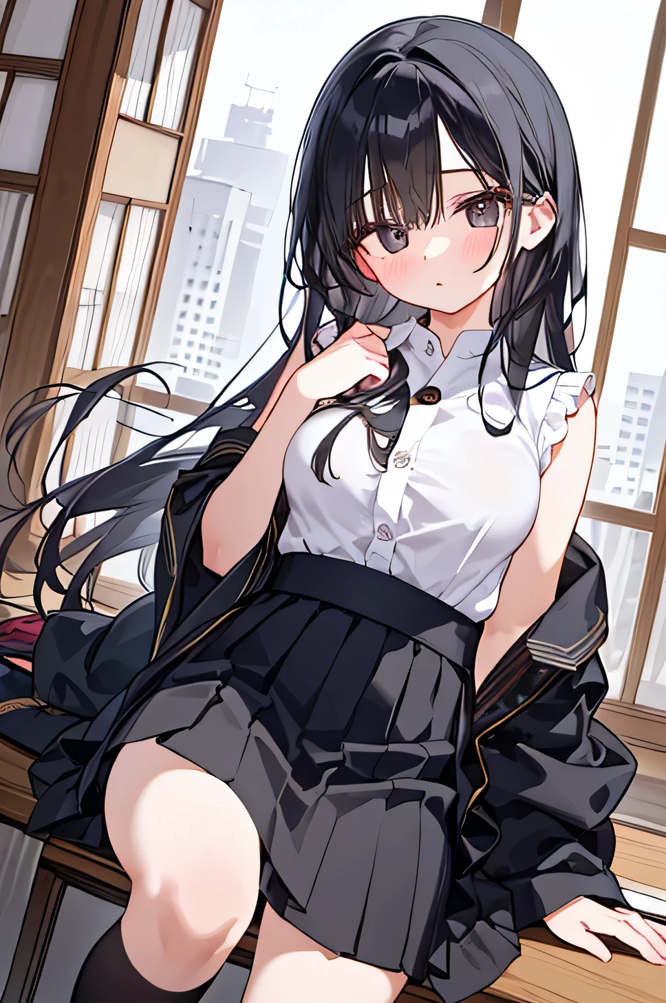 City,one beautiful girl,(( hairstyle that hides one eye)),stupid hair,Mysterious Atmosphere, natural body,Clear Skin,(Sexy body type,marshmallow breasts ,slender), Kunoichi,beautiful black hair,beautiful light black eyes,detailed clothes,well-groomed face,Fair skin,Japanese face,(uniform,skirt,knee socks,loafers), quiet personality ,