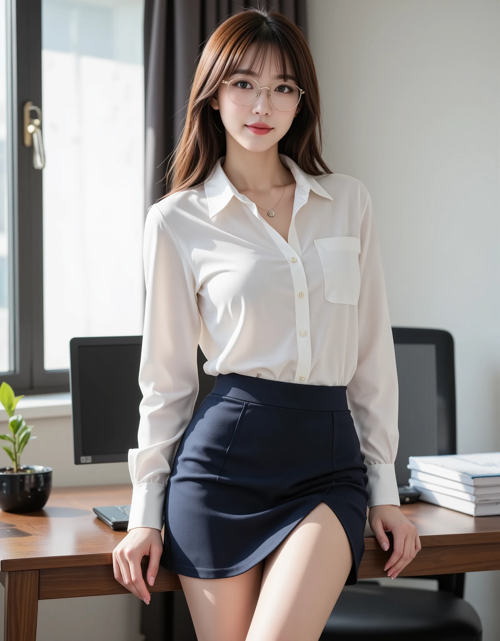 NSFW, (Highest quality), (Ultra-precise CG 16K wallpaper), (Realistic), (High saturation), (Sharp), Beautiful detailed shading, Beautiful natural lighting, Beautiful detailed glow, (Afternoon sunlight), Natural light, Depth of field, (Mature 24-year-old woman, One person), (Very beautiful Japanese face), (Permanent long hair with bangs up), (Shiny brown hair), (Sparkling eyes), (C cup size breasts), (Cleavage), (Beautiful breasts), (Beautiful legs), (Beautiful skin), Beautiful proportions, (The woman is smiling: 1.0), (The woman is looking at me), (The woman is wearing a white collared long-sleeved blouse with a low neckline and a navy blue slit mini skirt), (Wearing Boston glasses and a necklace), (Pose with both hands on the desk), (Office), (Full screen image), (Angle of view from the woman's head to her waist), (Image of a woman seen from the diagonal front), (The woman is standing with both hands on an office desk),