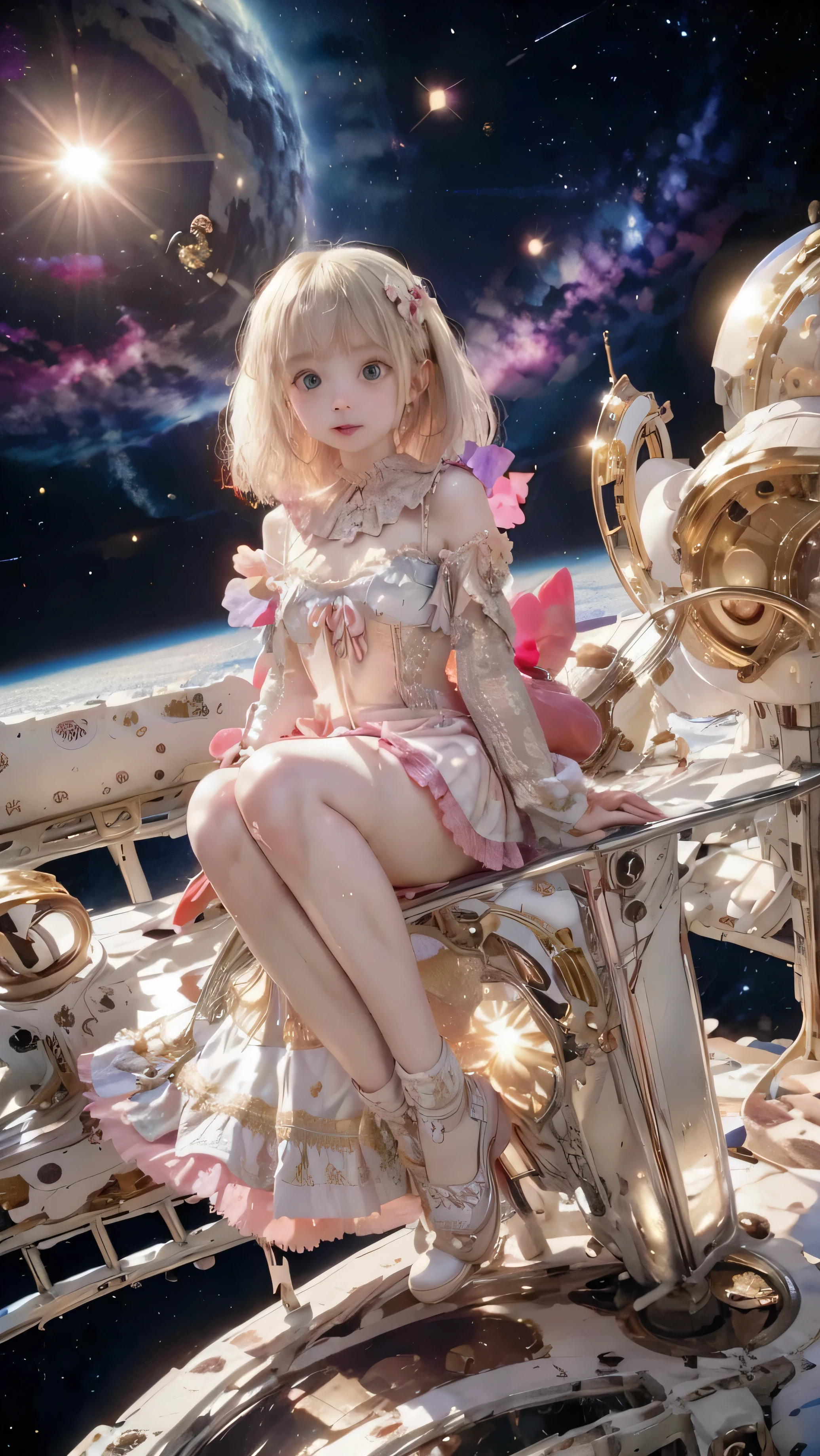 ompts
Copy
(masterpiece, best quality:1.2), 1girl, solo, penny peterson, best quality,detailed eyes,((penny peterson)), ((pink dress)), puffy sleeves, blue eyes, long blonde flowing hair, blonde hair, hairband, white tube socks, mary janes, smile, cute smile, happy, ,joyful, flying, her skirt is floating, upskirt, white panties, colorful background, watercolor illustration, disney art style, glowing lights, neon, neon lights, galaxies, planets, stars, cute illustration, cute art, cute digital art, disney style, anime, 2d, cozy calm, cute detailed digital art, rainbows,big ass