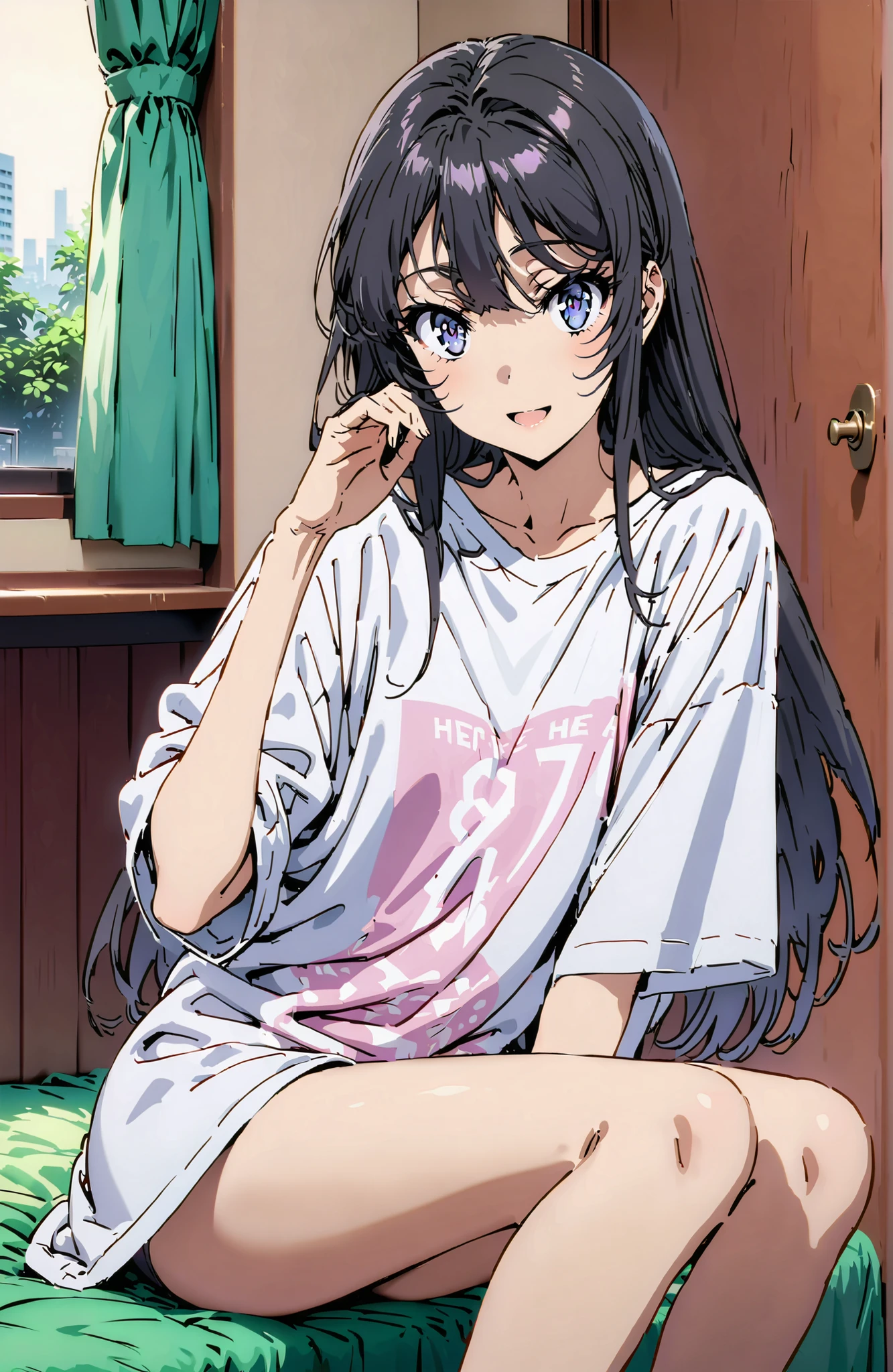 score_9, score_8_up, score_7_up, source_anime,
household, Mai Sakurajima, long hair, Bang, black hair,  purple eye,oversized t-shirt,black string panties, one shoulder,sits on a bed,smile,cover,open your mouth,narrows her eyes,Bare legs,morning,decor,curtains,window, Beautiful Streetscapes,break indoors, bedroom,
break looking at viewer,full body,
break (masterpiece:1.2), BEST QUALITY, high resolution, Unity 8Kの壁紙, ( illustration :0.8), (beautiful detailed eyes:1.6), very detailed face, perfect lighting, highly detailed CG, (perfect hand, Perfect Anatomy),