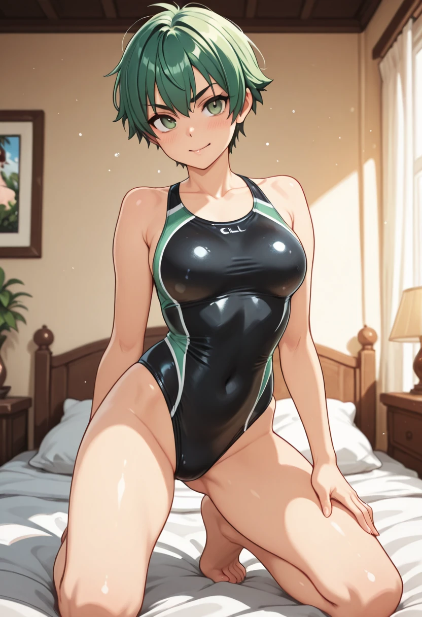 Girl with short green hair, The chest is medium, Green Eyes, 、(tits),Full body photo from head to toe,、cloth、(Clear Face)(Best Quality, High resolution, Super detailed),, (Vivid and colorful, The chest is clearly in focus),(Soft Breasts:1.2、,、、Exposed chest,Full body photo from head to toe、、Lift the chest,、A viscous, cloudy liquid is on my body,M-shaped legs,yoga、stretch、Relax Mode、Training wear、Spread your legs and stretch your legs、New Gymnastics、Lying down、