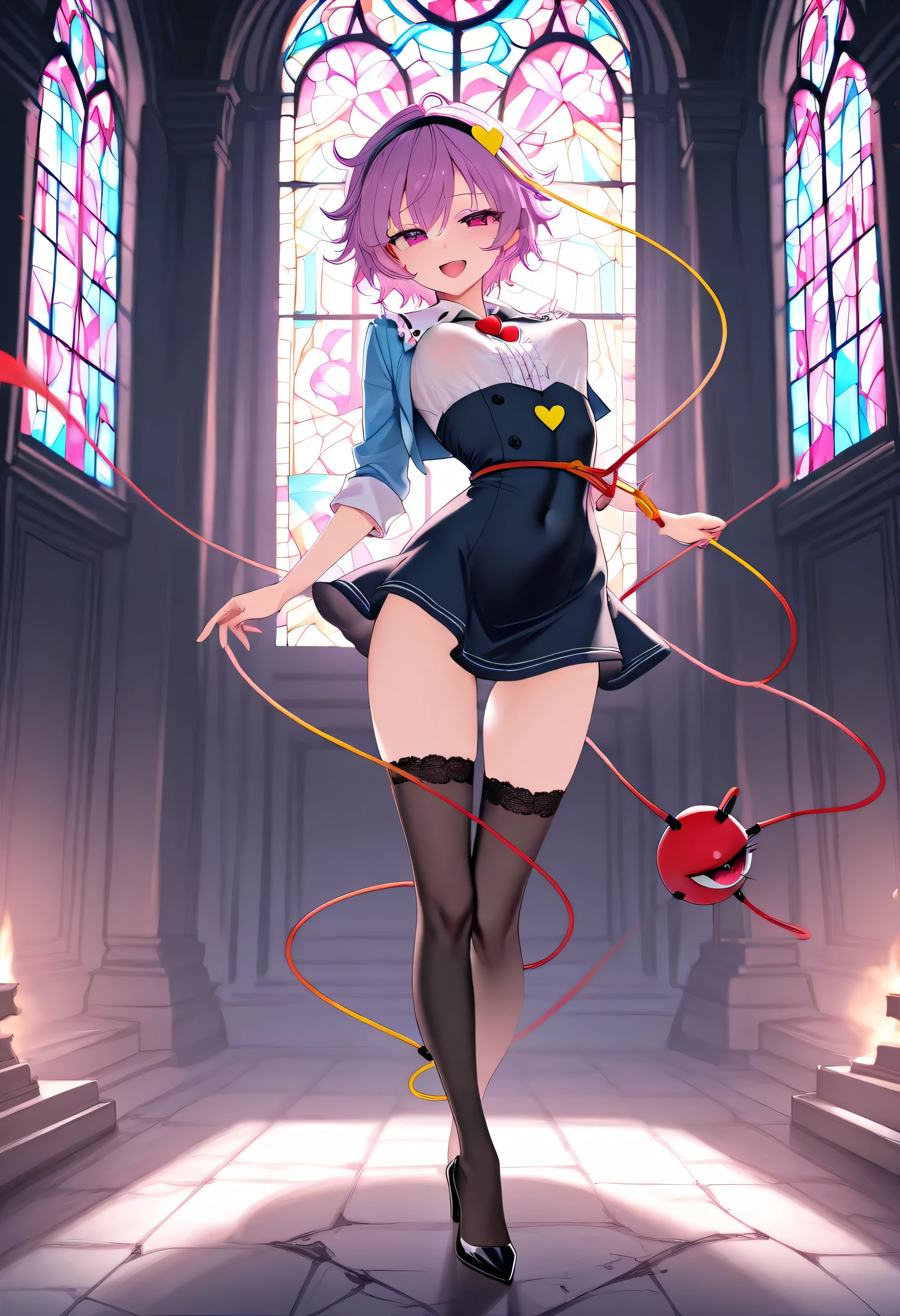 (score_9), komeiji_satori, longlegs_v0.22_pony, solo, (1 skinny girl standing), (petite small girl), BREAK, (cropped coat:1.2), (black short dress:1.2), thigh gap, (groin:1.2), black thighhighs, stiletto heels, BREAK, looking at viewer, {smile:0.2}, {open mouth:0.2}, (bouncing unaligned breasts:1.1), arched back, BREAK, (too short torso:1.2), (too narrow waist:1.2), (too short waist:1.2), (covered large nipples), orgasm, BREAK, stained glass