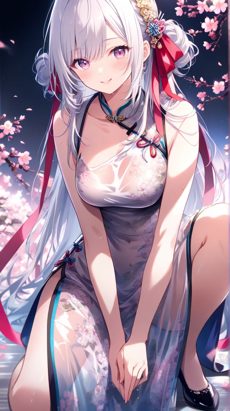 (photorealistic:1.8, highest quality:1.8,8K masterpiece:1.8,High resolution,muste piece:1.8,RAW Photos,cinematic lighting,red and purple dream colors),one young woman、(Pasties、Completely naked、choker、knee high tights、loafer shoes),(beautiful detailed blue eyes:1.7,double eyelid:1.6,Beautiful skin with glowing details:1.2,small face、whole body), (from below:1.5,Looking at Viewer:1.5),( midium Hair:1.2、Beautiful shining blue and white hair:1.5), expression(Gentle Smile、face turns red:1.3),(Moderate chest:1.3), Pause(red rope、stand in bondage:1.5,Seductive pose:1.5) background(Cherry tree、Bright forest with blooming flowers),(detailed perfect face),anatomically correct,correct move:1.5,correct foot:1.5,4 fingers and 1 thumb in correct proportions,(cameltoe),No split screen,slender abs:1.2,(Young sensual gravure idol)