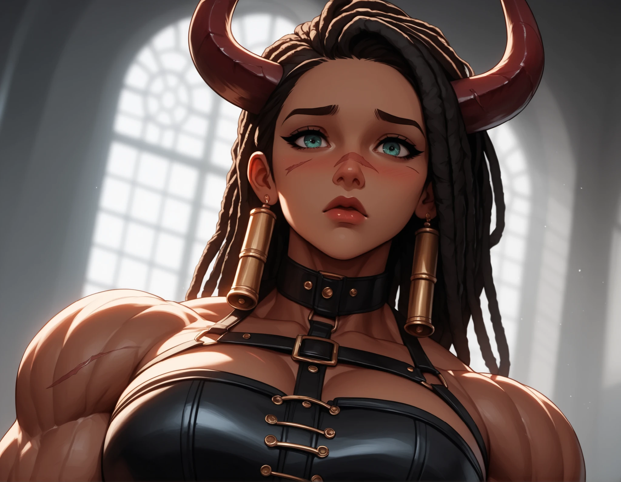 college_house_party, blurred_red_and_purple_LED_background, soft_party_lighting, ambient_fog, faint silhouettes in background, dark_skin, long_red_dreadlocks, bull_horns, scarred_very_muscular_upper_body, (very_muscular_female:1.3), combat_corset_with_crimson_veining, thick_leather_straps_wrapping_thighs, black_combat_pants, teal_eyes, close_up_on_face_and_upper_body, flustered_expression, nervous_glance, blush_on_cheeks_and_nose, slightly_parted_lips, unsteady_posture, bare_shoulders, intense_focus_on_eyes_and_expression, solo_focus, shallow_depth_of_field, cinematic crop, (masterpiece:1.2), (best quality:1.2), ultra detailed, 8k, watercolor, cinematic lighting, volumetric_lighting, soft shadows, ((forced_perspective)), (Diminishing scale perspective:1.3), (lora:Yandere Queen:0.85) (lora:Detailed Background:0.6) (lora:Shaded Face:1.0) (lora:SDXL ARW:0.65) (lora:NoobAI Detailer:0.6) (lora:detailed anime girls XL:0.5)
