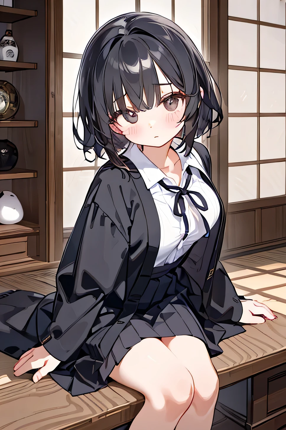 City,one beautiful girl,(( hairstyle that hides one eye)),stupid hair,Mysterious Atmosphere, natural body,Clear Skin,(Sexy body type,marshmallow breasts ,slender), Kunoichi,beautiful black hair,beautiful light black eyes,detailed clothes,well-groomed face,Fair skin,Japanese face,(uniform,skirt,knee socks,loafers), quiet personality ,
