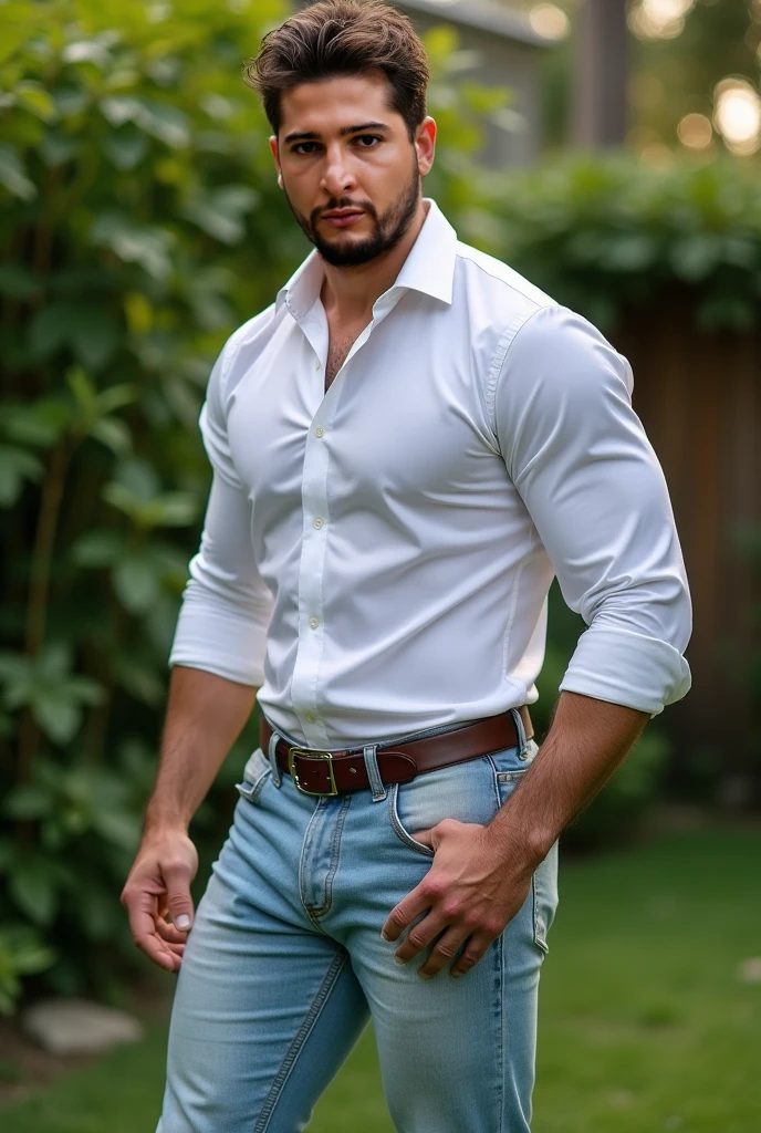 Arafed 47 year old muscular man., un chico increiblemente guapo y robusto, pose de cuerpo completo, de pie, (((manos en los bolsillos))), (((Camisa blanca tipo oxford))), adaptar, ropa interior blanca, sin zapatos, (en la cara: 1.3), facial, cara detallada, Ojos perfectos, serious expression, Corte de pelo corto, fondo industrial, Detalles intrincados, natural lighting, correct anatomy, buena composicion, imagen masculina, varonil, crujiente y crujiente, Textura de la piel. Full body jeans