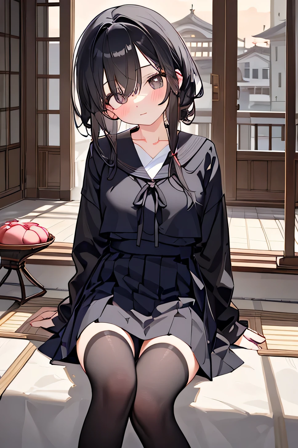 City,one beautiful girl,(( hairstyle that hides one eye)),stupid hair,Mysterious Atmosphere, natural body,Clear Skin,(Sexy body type,marshmallow breasts ,slender), Kunoichi,beautiful black hair,beautiful light black eyes,detailed clothes,well-groomed face,Fair skin,Japanese face,(uniform,skirt,knee socks,loafers), quiet personality ,