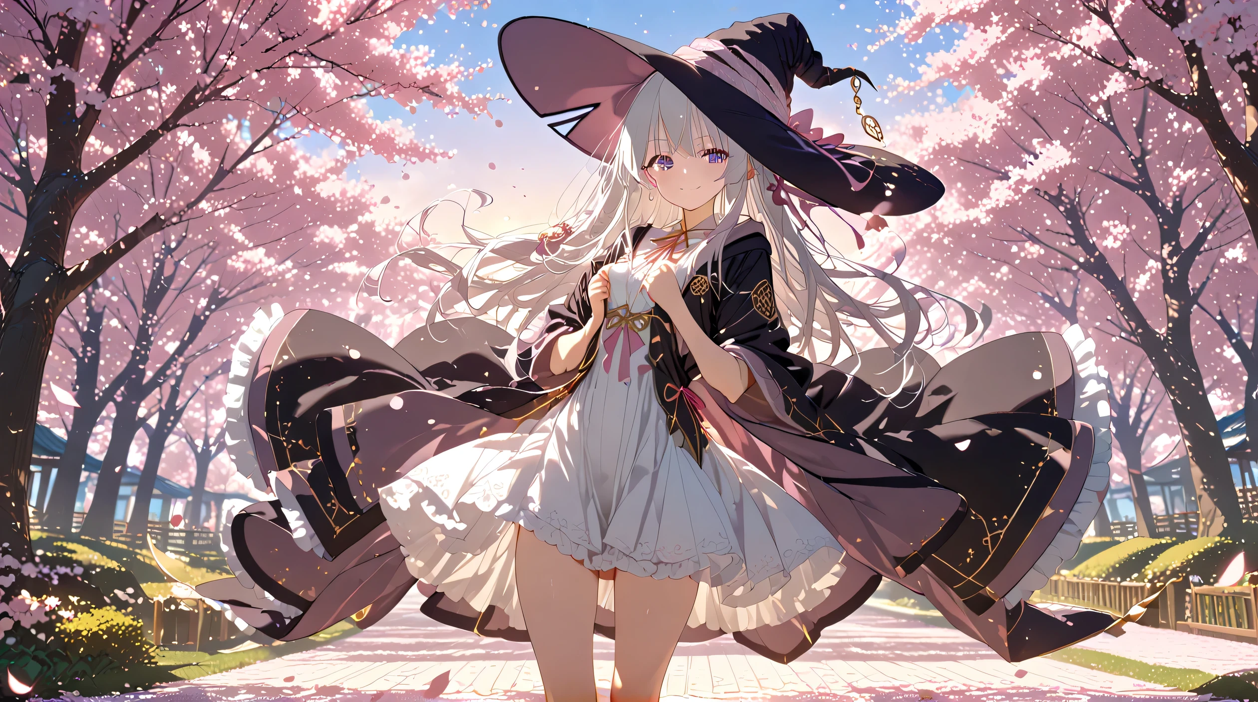 1girl, beautiful young Japanese woman, Elaina from Majo no Tabitabi, solo, long flowing silver hair, soft wavy strands, purple enchanting eyes, elegant eyelashes, detailed face, perfect skin, subtle blush, gentle smile, calm and feminine expression, barefoot, standing pose with legs slightly apart, hands gently lifting her hair, hair fluttering in breeze, looking directly at viewer, soft lighting, front view, elegant and graceful posture, wearing a stylish dark witch cape with gold lining, large witch hat with pink ribbon, hair ornament, magical girl aesthetic, surrounded by cherry blossom trees, petals falling in soft motion, promenade under sakura trees, ethereal dusk lighting, warm sky with gradient tones, focus on her face, high detail eyes:1.5, side detail:1.5, hands in hair:1.33, ultra-detailed anime illustration, beautiful lighting, dreamy atmosphere, high quality, 8K, masterpiece, soft pastel anime style.