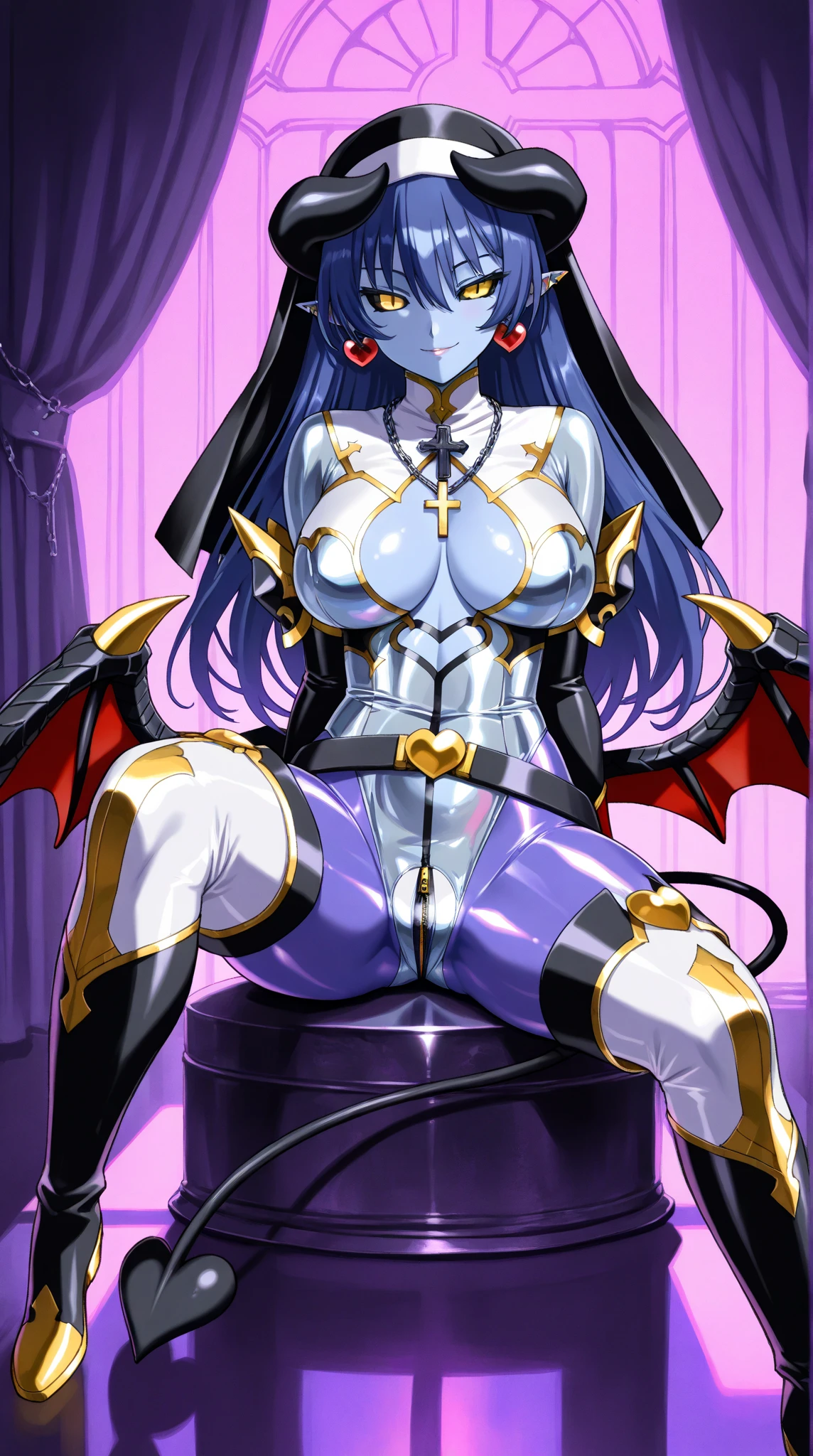 1girl, obra maestra, mejor calidad, astaroth_(shinrabanshou),demon_girl, long_hair, demon_horns, black_sclera, blue_skin, smile, full body,, long dress, robe, victorian robe