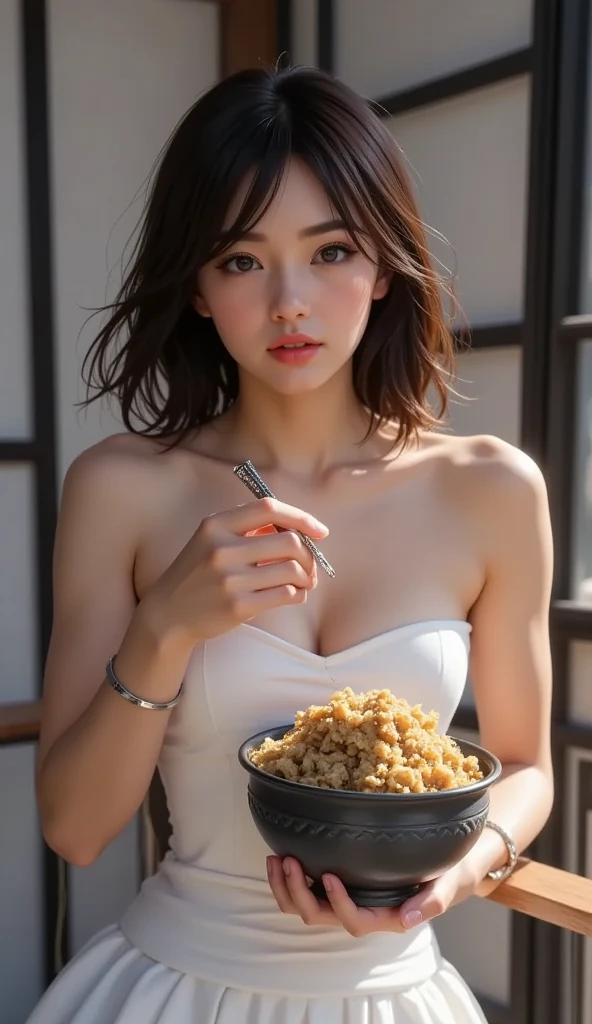 ((Highest quality, 8k, masterpiece: 1.3)), Sharp focus: 1.2, Beautiful woman with perfect figure: 1.4, Slim Abs: 1.2, ((Layered Haircut, Big Breasts: 1.2)), (White long shirt with white buttons: 1.1), (rain, street: 1.2), Wet body: 1.5, Highly detailed face and skin texture, Detailed eyes, Eating a banana
