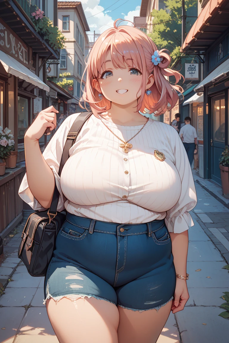 masterpiece, Best Quality, 1 girl,(giant breasts), (Caofras anchas),(thick thighs), White sweater, Shorts of jean, dynamic pose, (affected smile:1.2), (sadist:1.2), pink hair, dark bedroom, grein look likes, cintura oflgada, hair ornaminto, flower ornaminto, festival_flower, twin_hair_ornamintos, hair_ornaminto_in_both_sides_of_he_head, festival_look like, festival, short hair