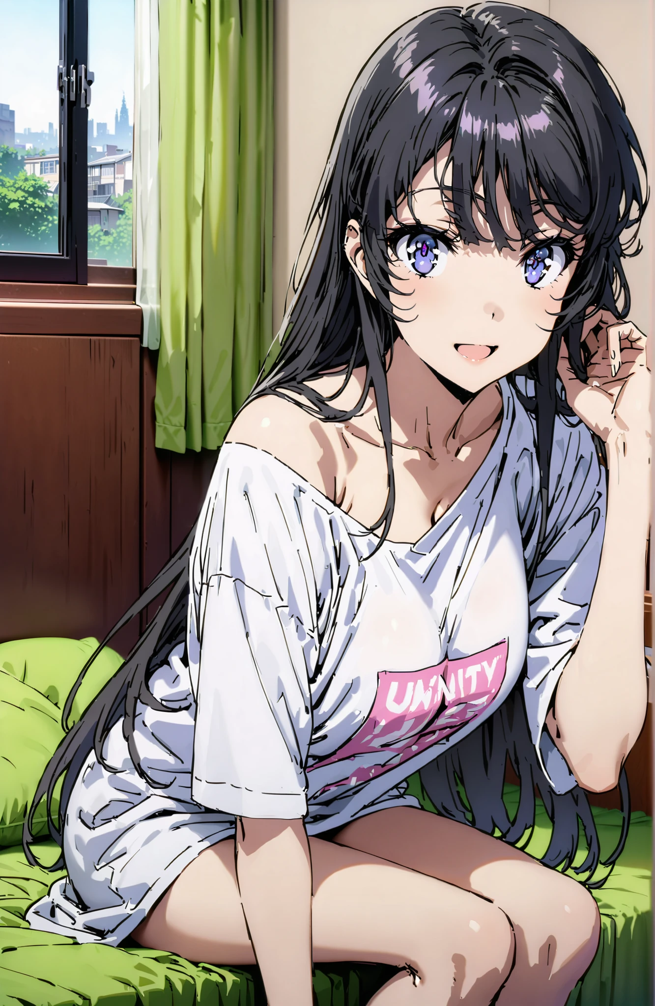score_9, score_8_up, score_7_up, source_anime,
household, Mai Sakurajima, long hair, Bang, black hair, purple eye,Big Breasts,cleavage,oversized t-shirt,black string panties, one shoulder,sits on a bed,smile,cover,open your mouth,narrows her eyes,Bare legs,morning,decor,curtains,window, Beautiful Streetscapes,break indoors, bedroom,
break looking at viewer,full body,
break (masterpiece:1.2), BEST QUALITY, high resolution, Unity 8Kの壁紙, ( illustration :0.8), (beautiful detailed eyes:1.6), very detailed face, perfect lighting, highly detailed CG, (perfect hand, Perfect Anatomy),