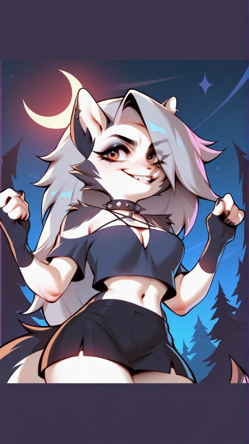 score_9_up, score_8_up, score_7_up, rating_safe, furry, anthro, solo, loona(jizokumode), hellhound, red sclera, loona (helluva boss), tanktop, fingerless gloves, excited, blep, forest, night, stars, crescent moon, solo, forced smile, 4 fingers, inverted pentagram,
