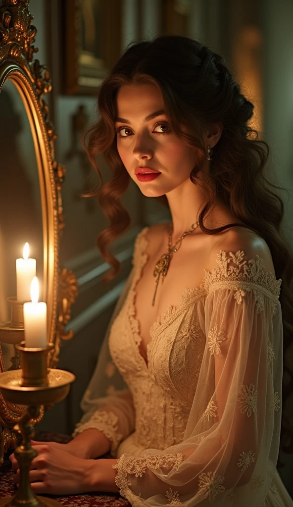 Girl, Latina, but with long curly hair, exotic beauty, Charismatic, Exquisite beauty, Slender figure, c-cup breasts, nude in a transparent dress, Dressed in Gothic style, on a dark background with patterned Victorian wallpaper, gotik, exquisite erotica, Masterpiece, fine art photography, fine art photography, Fine art painting, 8K, cinematic quality