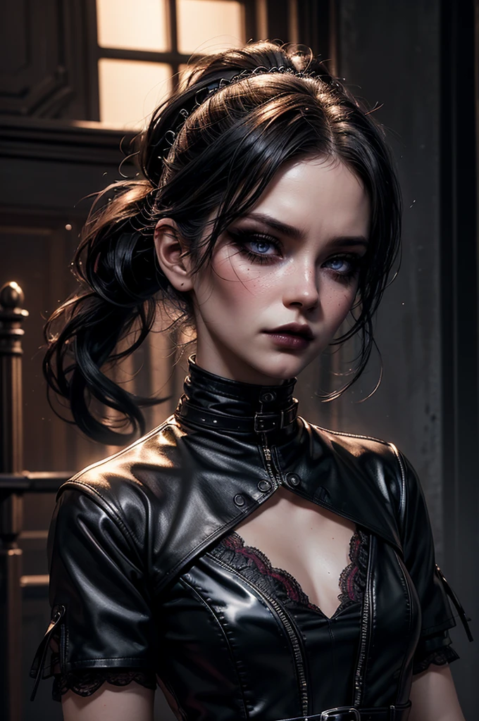 (((Cara Delevingne)), ((sie guckt verliebt)), ((she has round breasts)), (she wears a black leather dress), ((punk)), (kleiner Kopf), ((detailliertes Gesicht)), (fotorealistisch), (Raytracing), (scharfer Fokus), ((natural realistic skin texture)), detaillierte Lippen, (es regnet ein wenig), ((wet clothing)), ((wet hair))