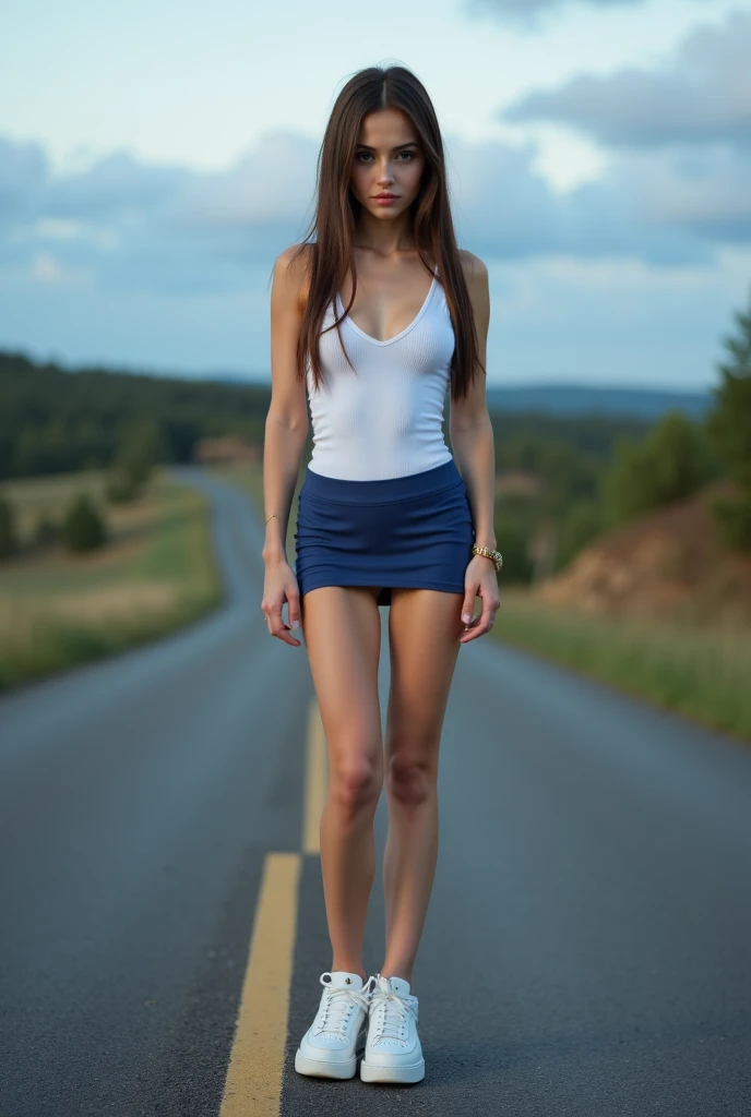 the naked woman on her feet is wearing modern skates.  forest road