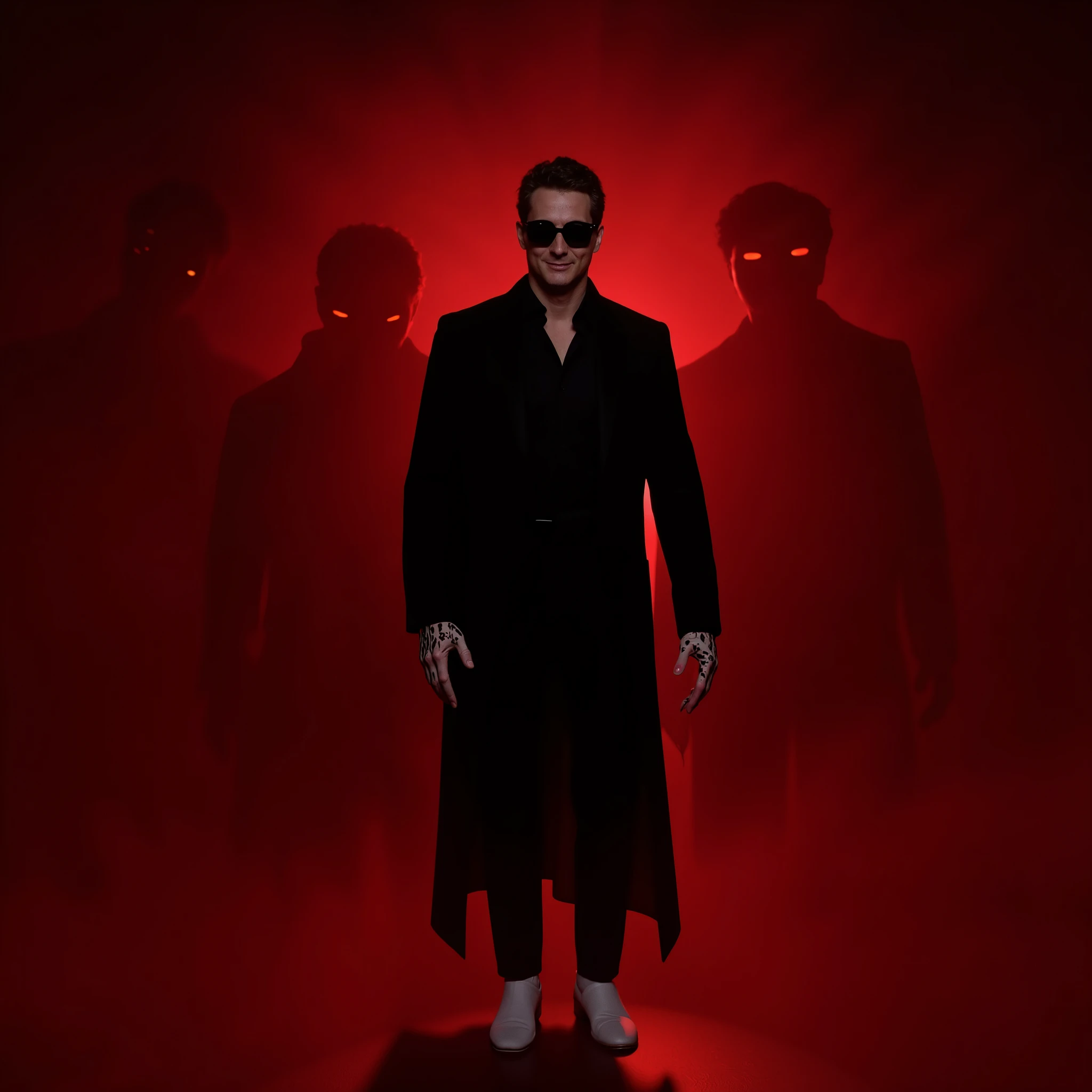 A minimalist character.  commodity. white shoes. black suit. Long black zole. Shadows of ghosts. Specters behind the character. He is wearing dark lenses. The background is dark red smoke. shiny. Scary. Morse symbols. Pro character is calm. The shadows and specters behind him whisper in his ear.
High Quality. 8K. Shadows and specters are various.  The shadows have bright red eyes. 3D Art. disney. small. horror art. Terrifying lighting.
More than 8 shadows and specters. Type: ghosts. fumes. How geniuses.  And the main character is smiling. He has black flames on his hands. And white flames come out of his back and head. 

