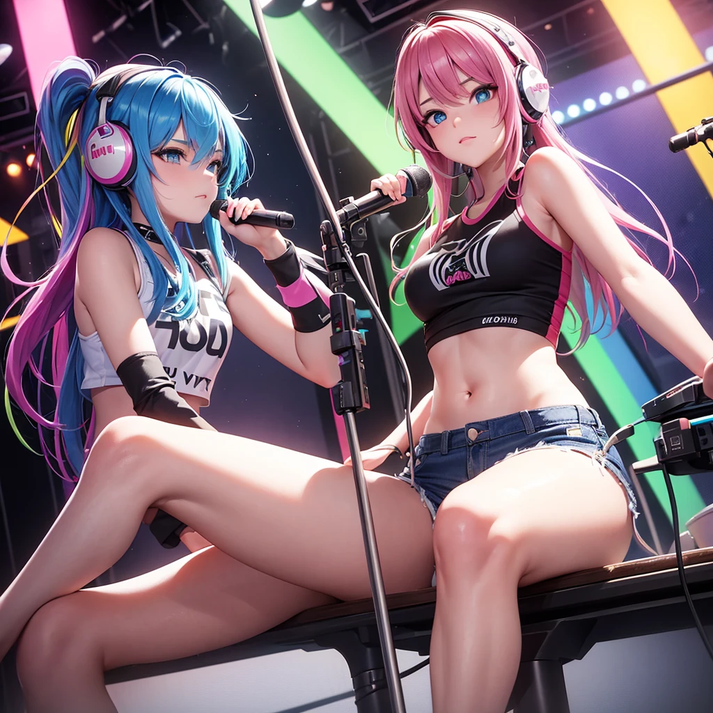 (masterpiece, best quality:1.3), 5 girl, large breasts, on stage, park, micro string bikini, female, idol band, holding mic, singing, twintails, colored hair, colored eyes, smile, open mouth, pretentious face,