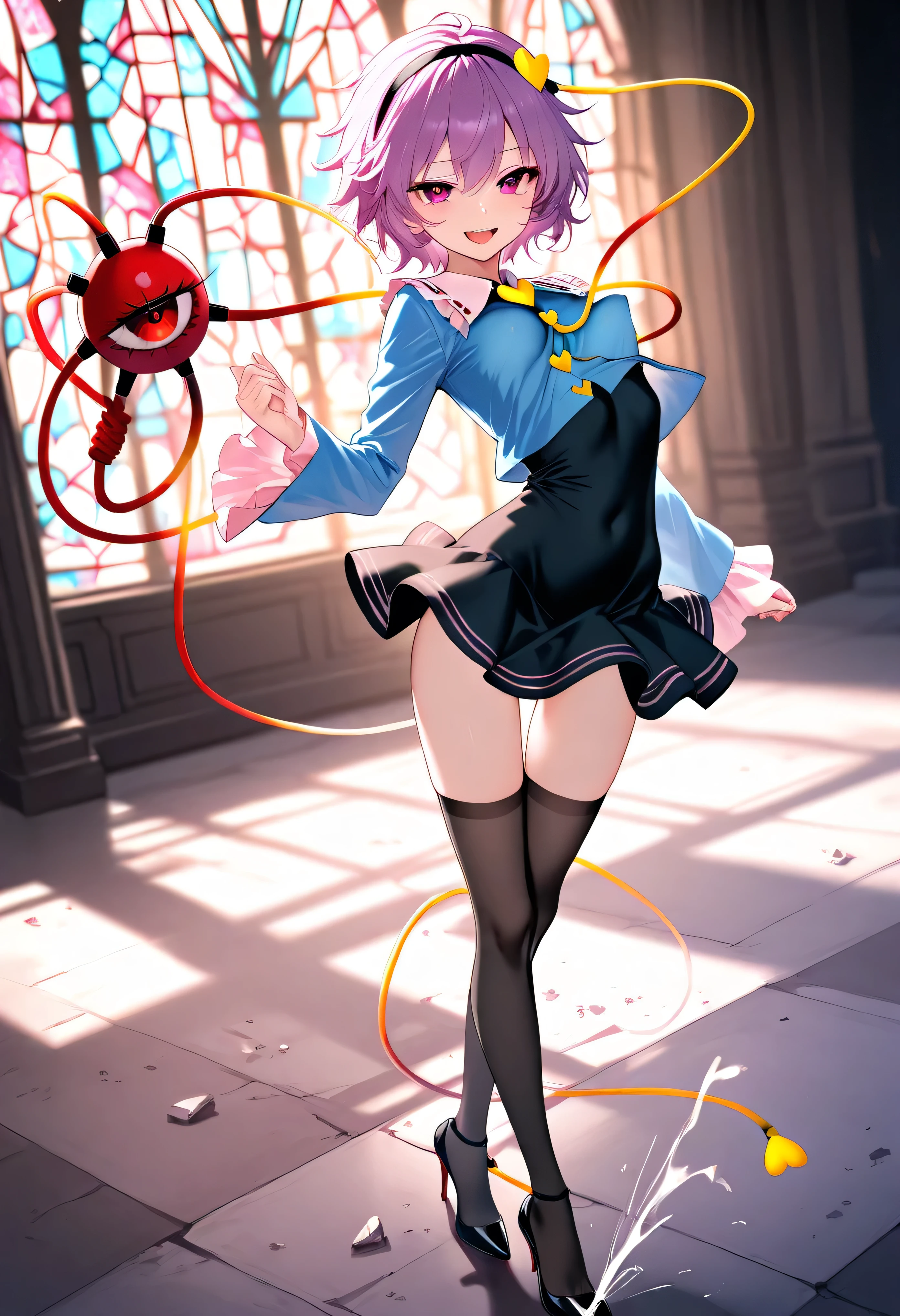 (score_9), komeiji_satori, longlegs_v0.22_pony, solo, (1 skinny girl standing), (petite small girl), BREAK, (cropped coat:1.2), (black short dress:1.2), thigh gap, (groin:1.2), black thighhighs, stiletto heels, BREAK, looking at viewer, {smile:0.2}, {open mouth:0.2}, (bouncing unaligned breasts:1.1), arched back, BREAK, (too short torso:1.2), (too narrow waist:1.2), (too short waist:1.2), (covered large nipples), (orgasm), BREAK, stained glass
