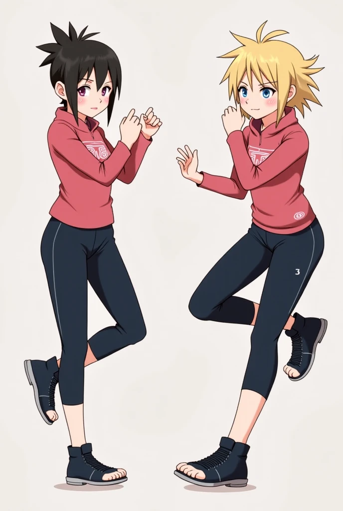Naruto is tall and white, and Ino is dressed in a modern style in a home wearing tights and yoga pants, bending over and pulling his hair