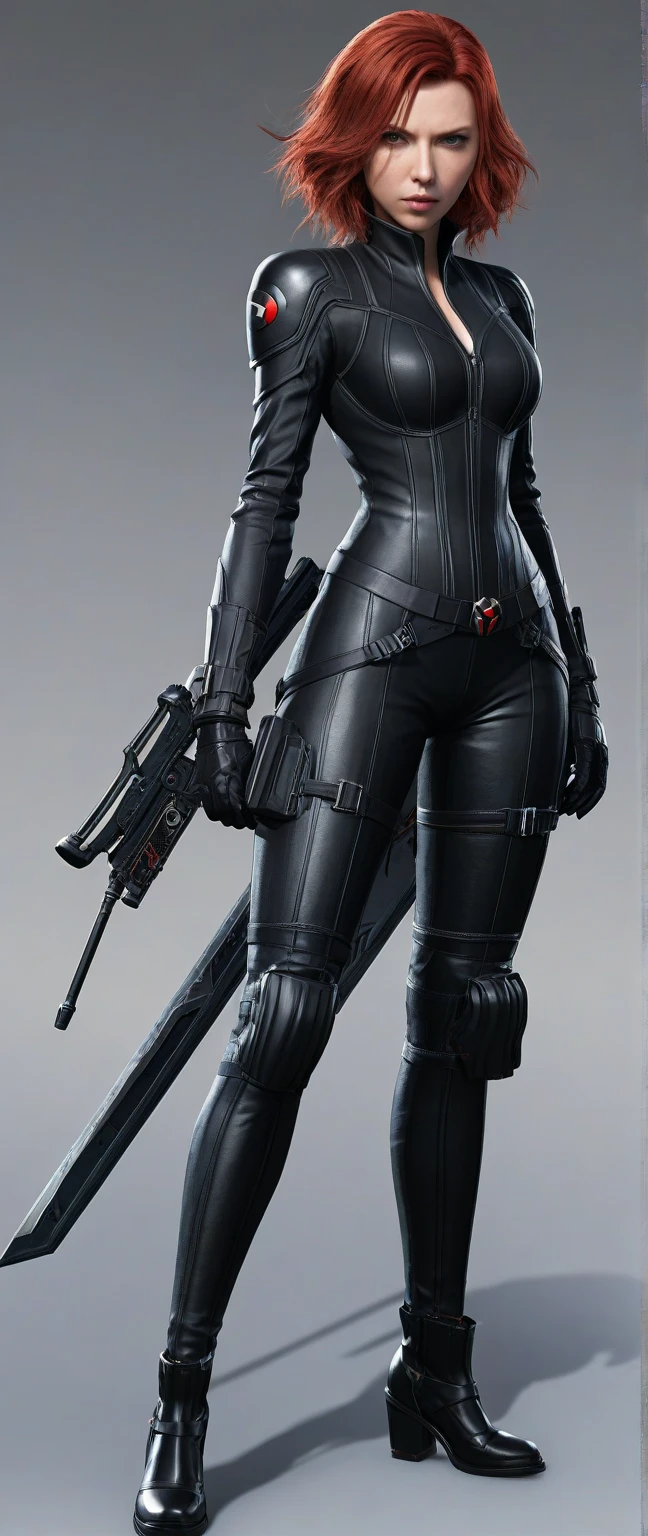 Subject: A photorealistic portrayal of Christina Hendricks as Black Widow from Marvel Comics, standing confidently in her sleek and deadly attire. Type of Image: Photorealistic digital artwork featuring Christina Hendricks as Black Widow Art Styles: Photorealism, showcasing intricate details of Black Widow's costume, weapons, and her intricate details of Christina Hendricks's face Camera: Shot with a medium lens to provide a balanced view of Black Widow's figure and expression. Shot: Full-body shot, highlighting Black Widow's agile stance and poised demeanor. Render Related Information: High-resolution render (4K) with meticulous attention to detail in Black Widow's costume texture, weaponry, and facial features.