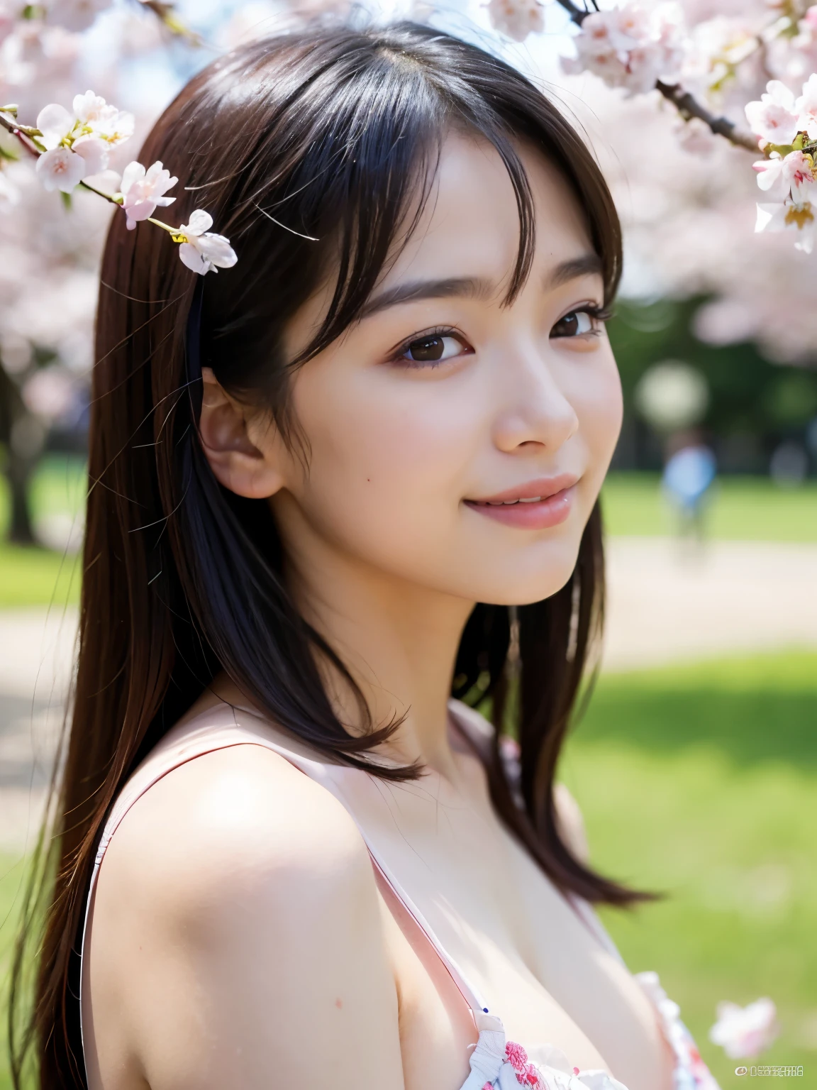 A 20-year-old woman with the cute face of an idol who looks 15 years old.。Gentle and cute。Please smile kindly。She is completely naked、The bust is a little large I'm sitting naked on a picnic sheet in a park with beautiful cherry blossoms, enjoying cherry blossom viewing. Raw photo real genuine real life No copyright notice