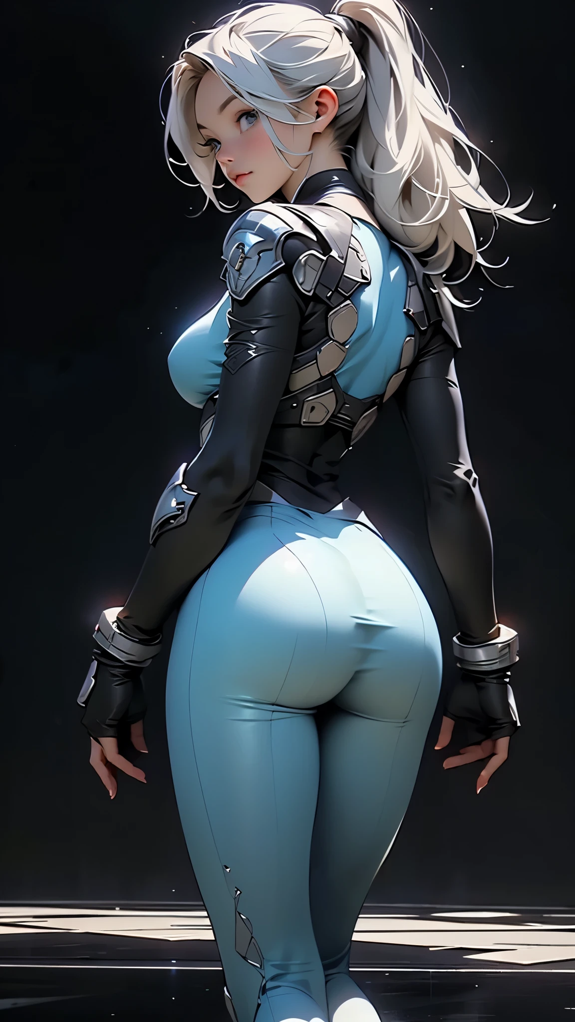 ​masterpiece, (realisti), high-res, high-detailed, complicated, Beautiful women, white hair, blue eyes, freckles, detailed face, tight catsuit, from behind, looking at viewer, showing ass, smile, roped, tied up, Bondage, on bed, on all fours, BIG ASS, black bunny suit