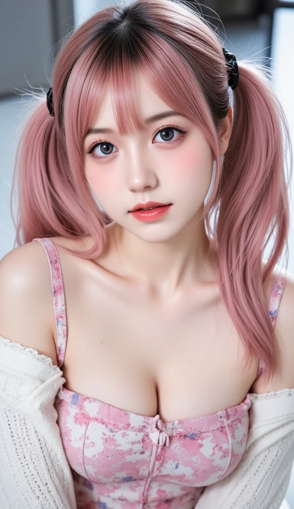 Pink Hair anime Girl, Cute realistic portrait, smile, Magical Girl Portrait, Cute Characters, blush、Red cheeks、Cute art style, anime Moe Art Style, maple story character art, anime ,(((Completely naked))),(((Nipples))), Japanese, Small breasts, The wind is blowing, Bright sunlight、Big eyes、Twin tails、(((Upper body close-up)))、Main navel