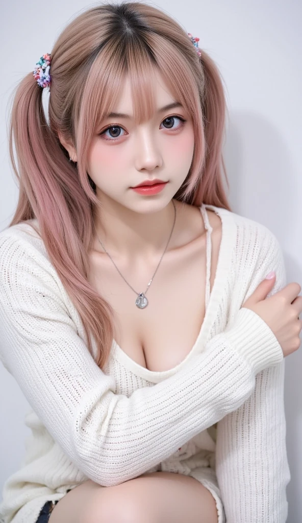 Shot with a top-of-the-line camera. highest quality, ultra-detailed, intricately detailed, high resolution, 8k, (very large breasts:1.3), (pink hair in twintails:1.3), Wearing a white camisole and black shorts, she is sitting on a beige sofa at home. A youthful look of about 15 years old. Slim and well-proportioned, fair skin, her cleavage is visible, cameltoe