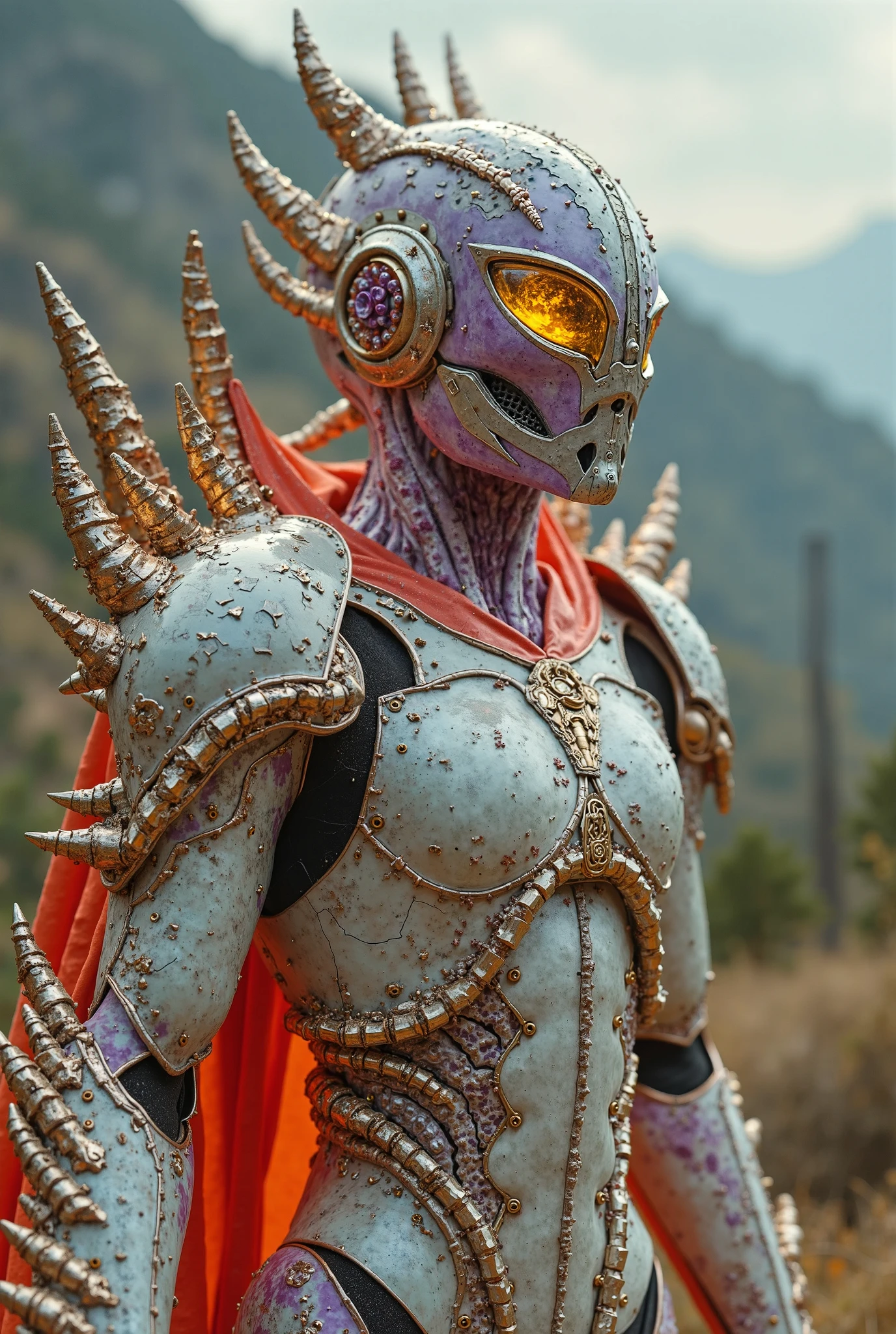 cinematic still from a fantasy film at twilight, portrait of a biomechanical ethereal dragon, wearing a Amethyst bodyarmor by alexander mcqueen and salvatore ferragamo, is in a world where wars are fought in shared dreams, soft diffused light, biotechnology, humanoid robot, perfectly symmetric, bjork aesthetic, translucent, by rineke dijkstra, intricate details, highly detailed, masterpiece, cinematic, high detail, 8k, smooth gradients, high contrast, depth of field