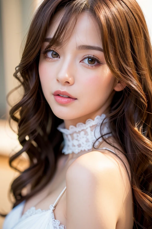 Very detailed CG Unity 8k 壁紙, Highest quality, Very detailed, masterpiece, Realistic, Photo Real, Very detailedかわいい女の子, Age 25, (negligee),  (blush) , Round eyes, Large Breasts, The audience watching, Half Body Shot , bed ,  Lie , Curly Hair