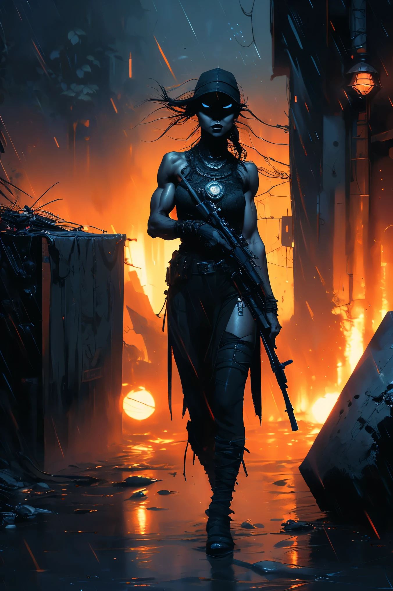 dark and torn, ((a beautiful young woman with a muscular body:1.5)), NUDE, large bare breasts, fierce expression, holding a gun, (colors in your clothes, Warm, orange, yellow, PURPLE:1.3), standing in a desolate wasteland, dramatic lighting, intense shadows, sandy texture, tall contrast, vibrant colors, dynamic pose, Powerful posture, rough background, explosive atmosphere, dystopian theme,  surreal elements , digitally painted illustration, high definition resolution, intricate details, dramatic composition, avant-garde and chaotic brushstrokes, Gothic style, intense emotions, epic scale, raw and gritty feeling,  Captivating and provocative artworks.., (at night, darkness:1.4)