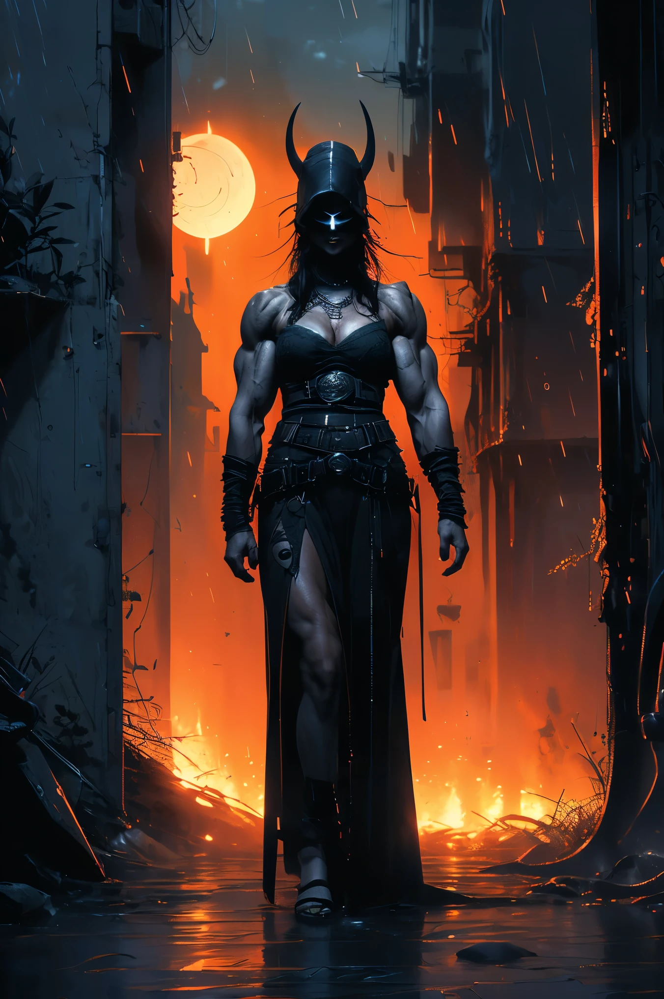 dark and torn, ((a beautiful young woman with a muscular body:1.5)), NUDE, large bare breasts, fierce expression, holding a gun, (colors in your clothes, Warm, orange, yellow, PURPLE:1.3), standing in a desolate wasteland, dramatic lighting, intense shadows, sandy texture, tall contrast, vibrant colors, dynamic pose, Powerful posture, rough background, explosive atmosphere, dystopian theme, surreal elements , digitally painted illustration, high definition resolution, intricate details, dramatic composition, avant-garde and chaotic brushstrokes, Gothic style, intense emotions, epic scale, raw and gritty feeling, Captivating and provocative artworks.., (at night, darkness:1.4)