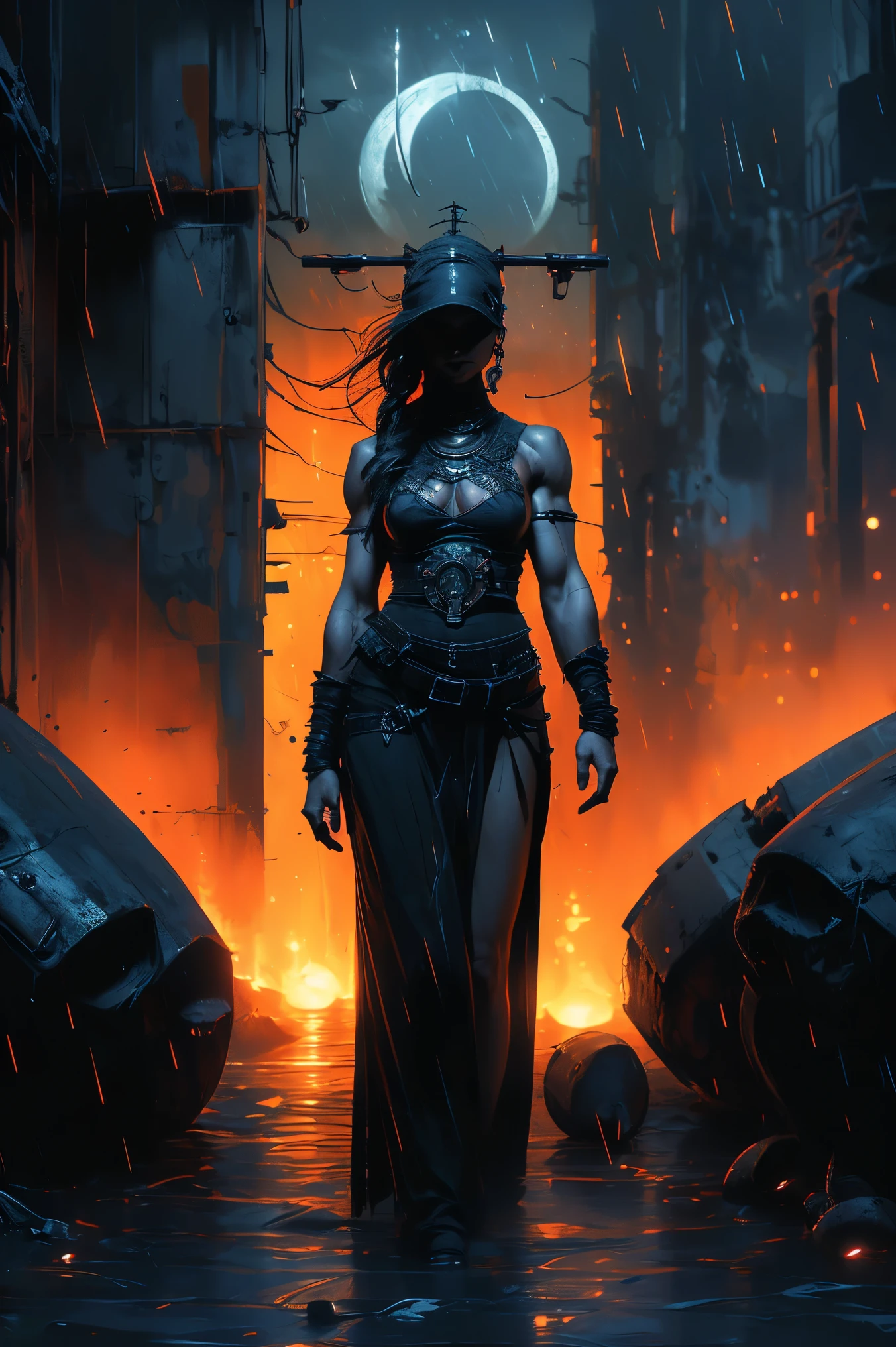 dark and torn, ((a beautiful young woman with a muscular body:1.5)), NUDE, large bare breasts, fierce expression, holding a gun, (colors in your clothes, Warm, orange, yellow, PURPLE:1.3), standing in a desolate wasteland, dramatic lighting, intense shadows, sandy texture, tall contrast, vibrant colors, dynamic pose, Powerful posture, rough background, explosive atmosphere, dystopian theme, surreal elements , digitally painted illustration, high definition resolution, intricate details, dramatic composition, avant-garde and chaotic brushstrokes, Gothic style, intense emotions, epic scale, raw and gritty feeling, Captivating and provocative artworks.., (at night, darkness:1.4)