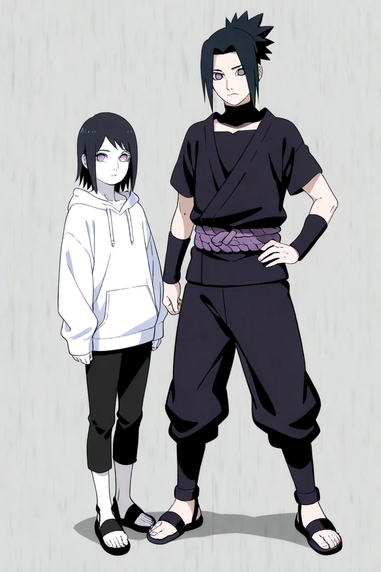The son of Sasuke Uchiha and Neji Hyuga, an man with black hair, medium long loose hoop, M, white skin, his light purple eyes with white. He wears a short white sweatshirt, he shows half his torso and has a collar., ankle-length black pants and black ninja sandals.