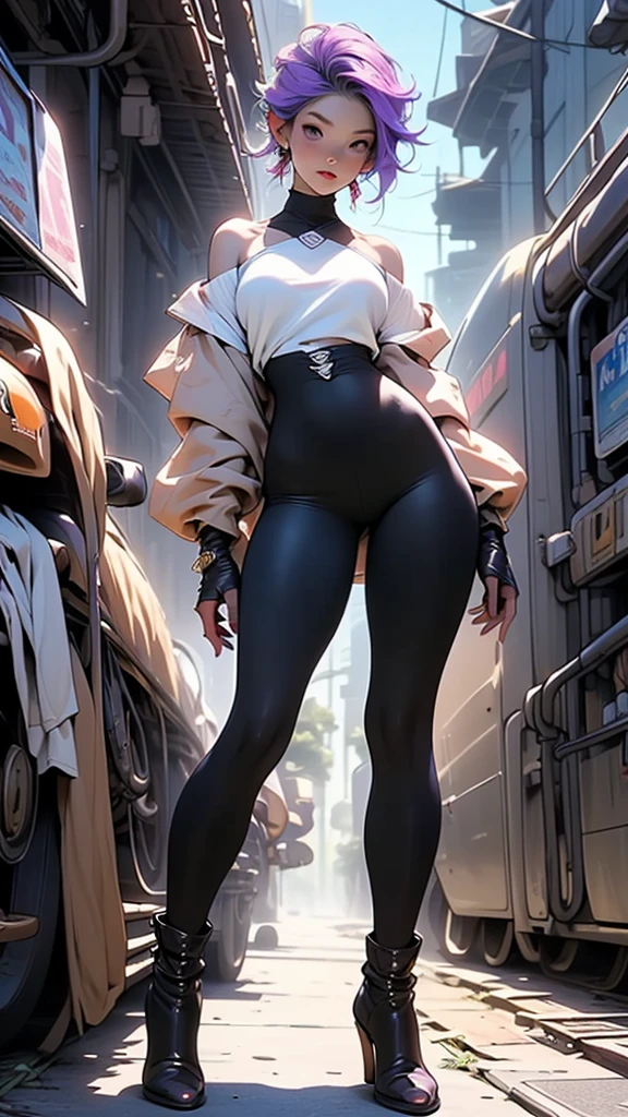 "A towering Giantess in a cool and laid back white tank top, and black leather pants. Her toned and athletic build hints at her massive strength. She seems to be casually strolling through the bustling cityscape of GTS City, as towering buildings loom overhead. Smoke and clouds roil around her, adding to the sense of epic scale and drama. The lighting is dark, gloomy, and realistic, creating a tense and ominous atmosphere. The perspective is from below, emphasizing the sheer majesty and power of the Giantess." The Giantess has red eyes and a cunning smile. She is also wearing black boots.