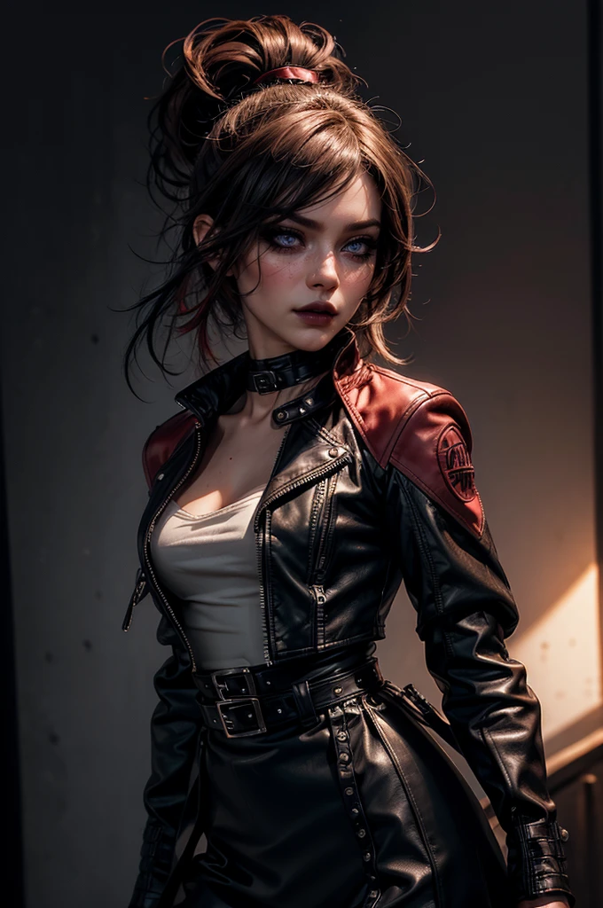 Crouching vampire girl with short messy hair,olhos amarelo brilhantes,sardas no rosto,pele clara,nevoeiro,noite,pintura renascentista,overcoat made of leather and animal hair, (sangue: 1.5),angry expression,plantas,vidro quebrado,detalhado