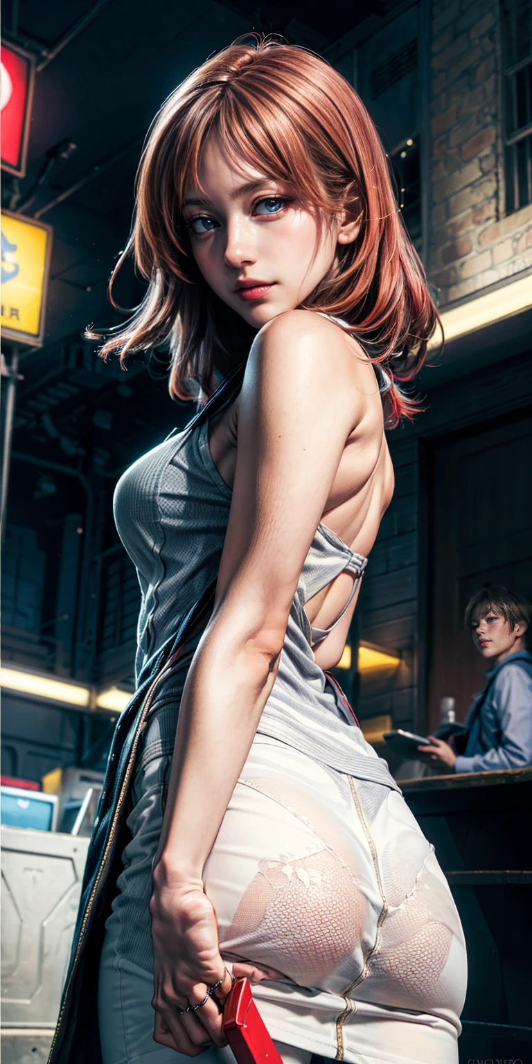 Elaizaikedareal,1girl, solo, long hair, breasts, looking at viewer, bangs, large breasts, gloves, long sleeves, holding, cleavage, jewelry, medium breasts, closed mouth, standing, jacket, weapon, pink hair, pantyhose, cowboy shot, earrings, outdoors, open clothes, solo focus, black gloves, belt, pink eyes, holding weapon, leotard, open jacket, lips, black jacket, gun, clothing cutout, covered navel, tattoo, makeup, thigh strap, night, piercing, cleavage cutout, ground vehicle, building, ear piercing, holding gun, black leotard, motor vehicle, rifle, handgun, cropped jacket, pouch, hoop earrings, car, assault rifle, holster, trigger discipline, police, leotard under clothes