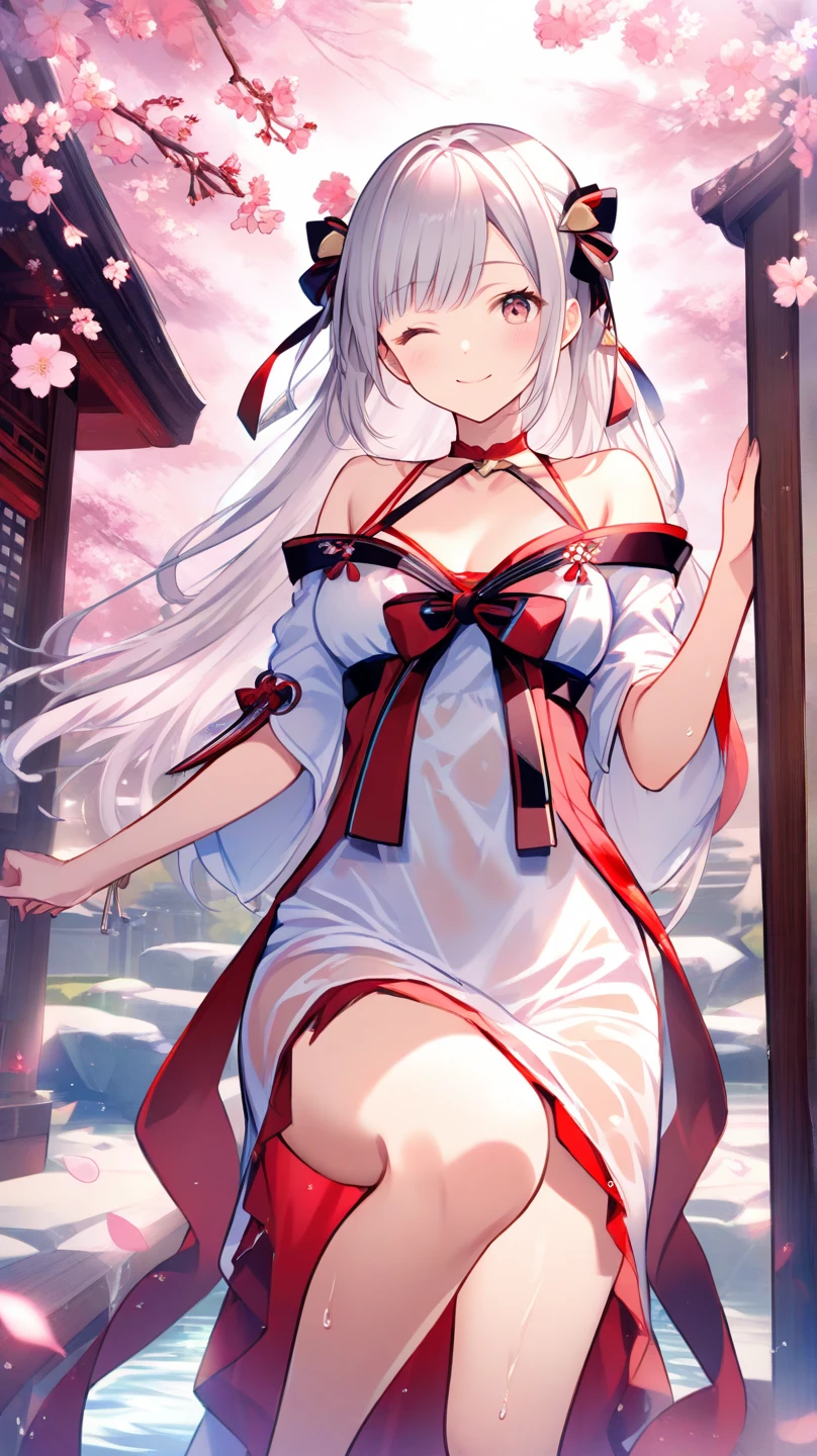 ((highest quality、High resolution、8K、masterpiece:1.3))、dynamic angle、I can see the whole body、wallpaper、1 girl、unparalleled beauty、ultimate beauty、super detailed face、delicate eyes、smile shyly、sexy look、looking at the camera、Depth of bounds written、light particles、side light、ponytail、silver hair、shrine maiden、shrine maiden服、Red and white kimono、Haori、(Holding down the skirt with both hands)、(The wind flips up the skirt and reveals the panties.)、Open chest、big breasts、cleavage、Thighhighs、thighs、slim、slender、Old castle at night