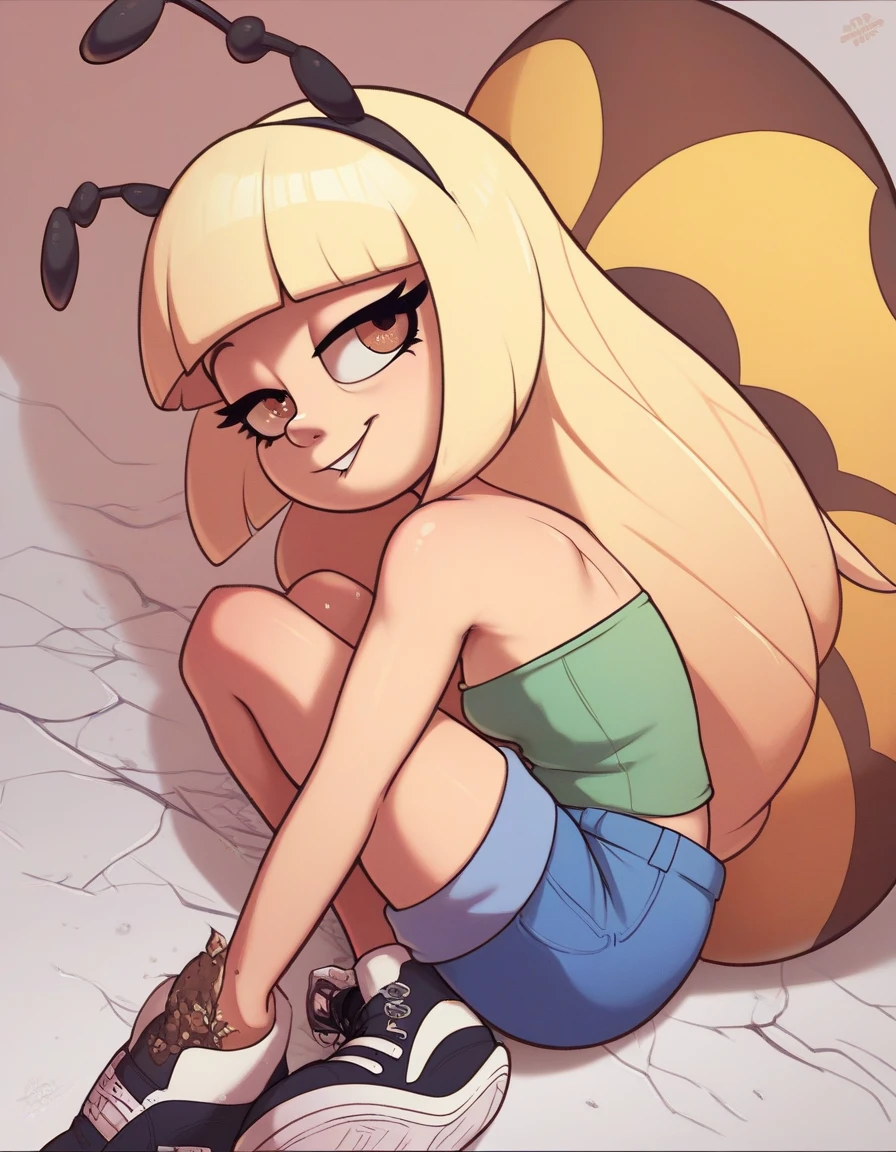 1 girl, ((High resolution)), ((anatomically correct)), Tall details, fondo simple, Character design, cute smile, long hair, blonde hair, blunt bangs, BREAK, small breasts, bee antennae, BREAK, flirty eyes, brown eyes, BREAK, green blouse, strapless blouse, BREAK, Blue shorts, BREAK, Black sneakers, BRAKE Cubriendo las orejas, Modo kemonomimi