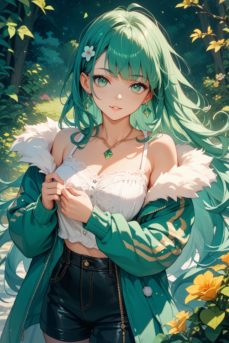 , Croped, , cleavage, slim waist, cropped hoodie underboob, cropped hoodieunderboobhoodie, 1girl, 2 wolf ears, wolf tail, marijuana crop hoodie, crop shorts, marijuana hoodie, spiky hair, spiky fur, green hair, red eyes,marijuana field, tight clothes, perfect eyes, perfect hands, clear resolution, full body, cleavage skin, marijuana plants, open hoodie, marijuana field, black thigh high socks, full body, earrings, 1girl, skirt, cleavage, slim waist, cleavage, slim waist, hair pulled back, big breast, round butt, slim waist, best quality, sexy pose, thick thighs