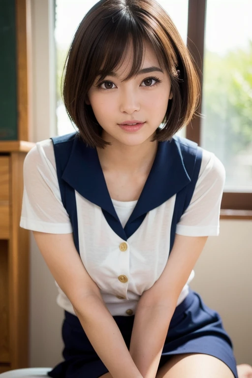 (Realistic、Like a photograph、Live Action、8K, Realistic, RAW Photos, Best image quality: 1.4), Single-lens reflex camera、RAW Photos, Highest quality, Realistic, Very detailedな CG Unity 8K 壁紙, Written boundary depth, Cinematic Light, Lens flare, Ray Tracing, Realistic background、One person:1.4、((Japanese schoolgirl:1.3、Uni shape skirt:1.3)、Big Breasts)、((Ultra-Dense Skin))、 1 female、(Sitting with legs crossed、Sit on the floor with your knees up、Cute high school girl squatting、She spreads her legs and squats, exposing her panties)、(Detailed white panties:1.5)、((Girls sitting in a school classroom、Skirt flipped up、(whole body:1.5)、Smiling at school in Japan))、Pink inner color hair、short hair:1.2、tie your hair with a hair clip、I like that style、stylish、Very detailed、Pay attention to the details、Perfect outfit、(Sunburned skin)、Beautiful legs:1.1、View from below the front、Accurate limbs、Anatomically correct body