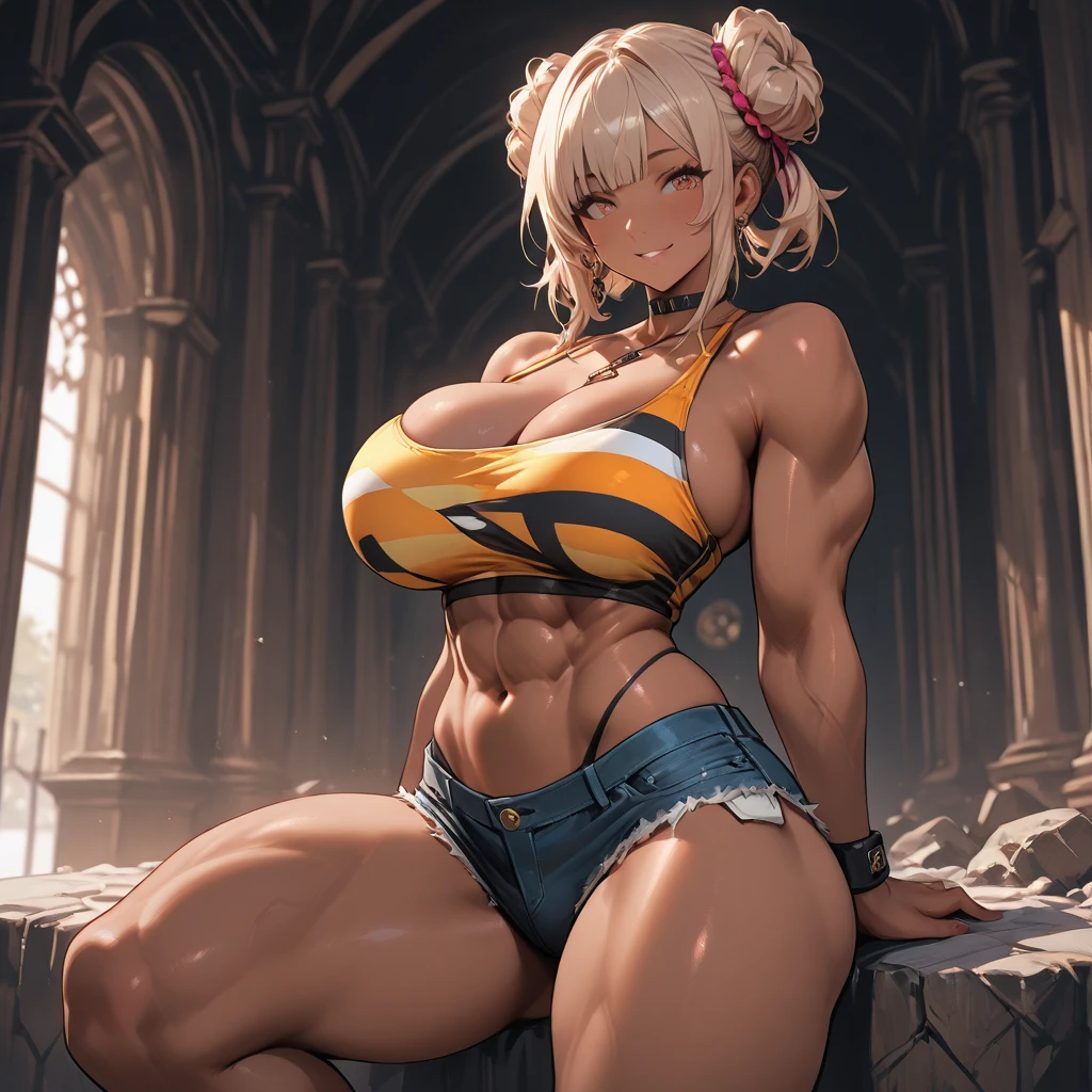 Cathyl is a very tall and muscular woman, with massive breasts (Q-cup) that grow even larger when too full, with long black and white hair. yellow beautiful eyes , She keeps her hair in a ponytail with black & white stripes going down the length of it. , muscular body , large protruding deitodes, large trapeze, abs muscle , big muscles ,
gardener's clothing, cowbell on the neck , As a Minotaur, she has a pair of large horns on her head, cow ears, a cow tail, and her legs have hooves instead of feet and are covered with fur.,sitting in farm , squeezing the breasts, HDR , 8K , HIGH DETAILS .