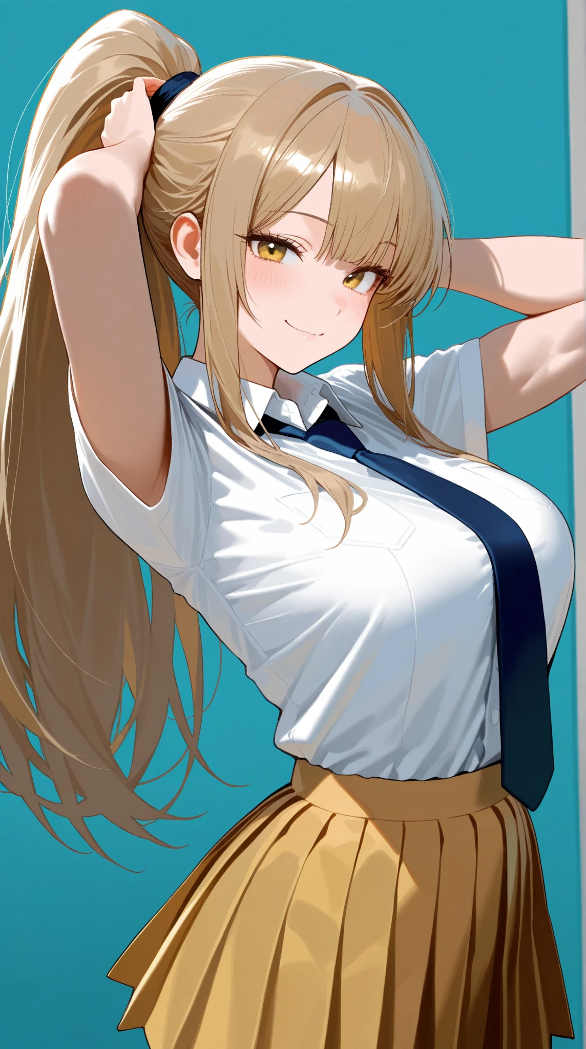absurd, masterpiece, best quality, realistic, hyper-detailed, (shiny skin, sweaty:1.4), looking at viewer, 1girl, solo, tennis wear, white polo shirt, white sneakers, white miniskirt, ponytail, blonde hair, black eyes, slender, (thick thighs:0.6), dynamic lighting, high resolution, sharp focus, depth of field, detailed eyes, sharp pupils, realistic pupils, (small breasts:0.8)