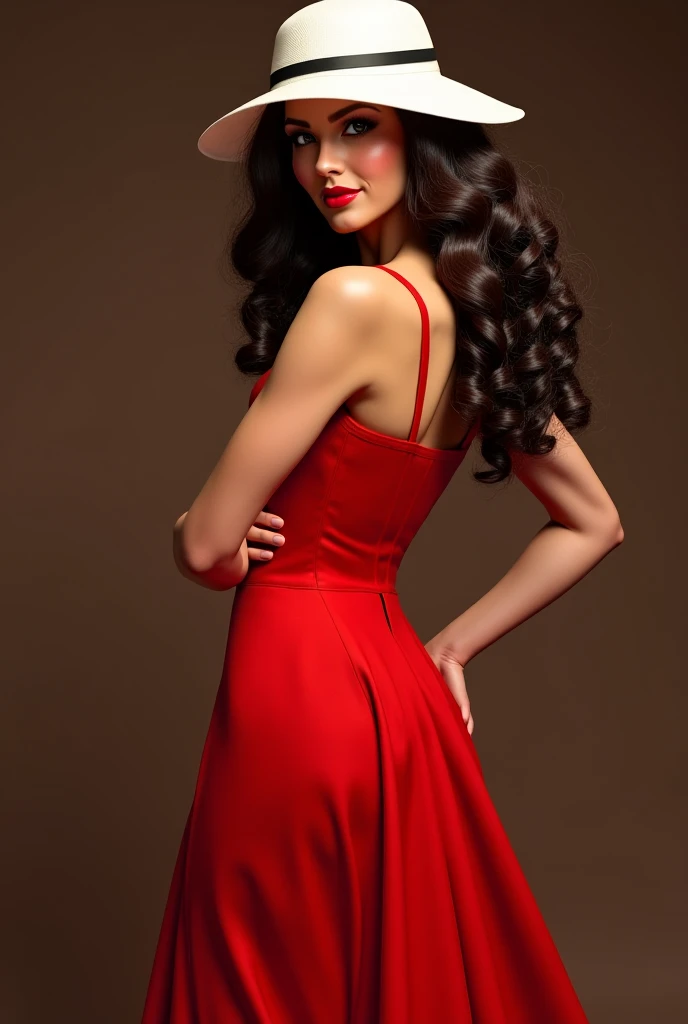 She is a woman with fair skin and long black 3b wavy hair., she had her face tilted up and she was wearing a tight but long red dress