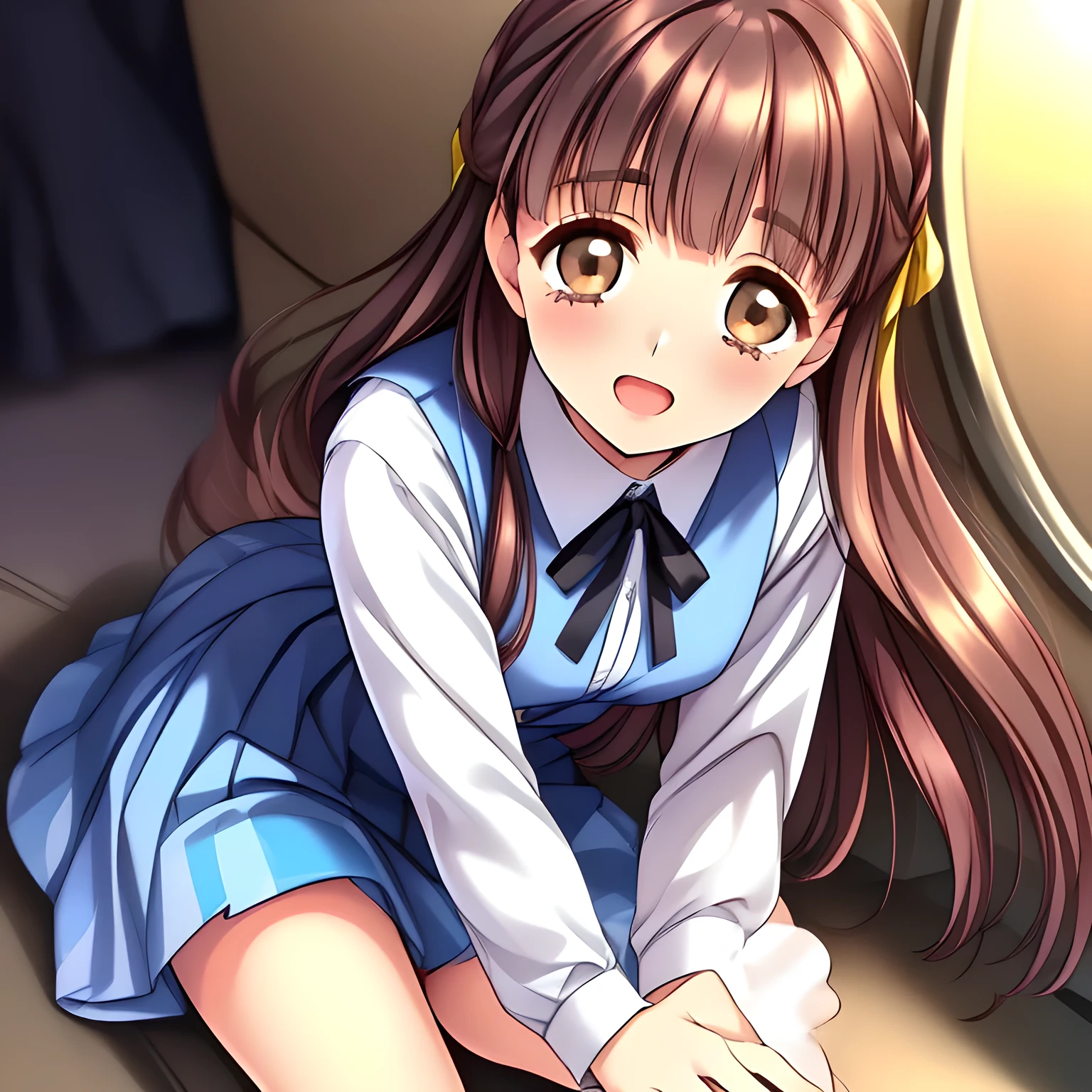 (highest quality, masterpiece:1.2), highest quality, High resolution, 1080p, 8K, (beautiful pretty noble succubus of (love-story comic heroines) are seated in a train, hypnotizing me by their neat beauty, Forcibly extracting everything from the viewer, (intelligent and perfectly balanced slender style), (long neck), neat & clean, lovely strong charm, cutely tilted head, 8), (Too noble beautiful lady like a love-story comic heroine), (laughing like watching a comedy), A very lovely, very noble, pretty and pure beautiful girls. ((neat innocent ears)), ((white grown face)), Using expensive whitening cosmetics by cosmetics artist: 1.2), (Too beautiful blue fascinating shiny (double-lidded) (brown eyes) with love to the viewer, ((deep upper girly eyelid)), ((huge eye pupils)), laughing with detailed clearly: 1.5), (((Dark blue vest school uniform)), (Neat smart (white school blouse))): 1.8), (A very neat, ((realistic), (dark-blue) pleated blue school (beautifully checkered) skirt): 1.6), (too pretty shiny big (red realistic school ribbon tie)): 1.5), (Shiny love-story heroine lips, open mouth: 1.0), ((amazingly beautiful black braids hair is blowing in the wind: 1.5)), (Hair Ribbon ties (black hair), The ribbon is big and very pretty), (slender, small face: 1.5), (The viewer can't stop submitting everything white inside him to her body and face: 1.8), (The lady knows well about the viewer's super fetishism for school uniforms, and satisfies it completely in the viewer's lewd dream: 1.7), (Gorgeous atmosphere In a train limited for beautiful girls bound for girl's school directly early in the morning: 1.5), (Everything is organized to have strong effect of hypnosis for the viewer to fall into happy dream with many beautiful girls: 1.5), (The viewer must be transferred to the world of only beautiful girls right now when he sees the eyes of girls in this picture: 2), (many girls are convulsed with laughter, ridicule at me, toying with my one!!: 2)