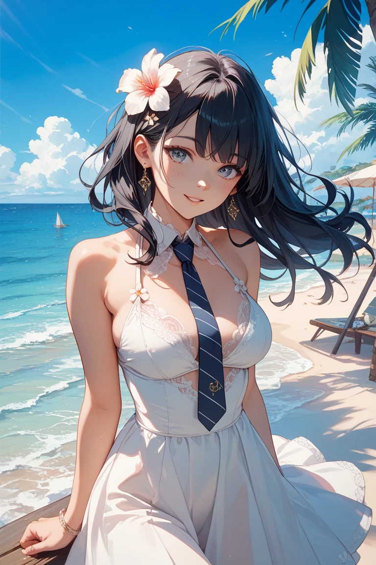 White off-the-shoulder bikini on the beach in Palau（Bikini without shoulder straps、No shoulder straps、Shoulder out）Surreal portrait of a schoolgirl in Japan, appearance,Flowers of shame in the closed moon,Bright eyes,Shen Yu fell for a goose