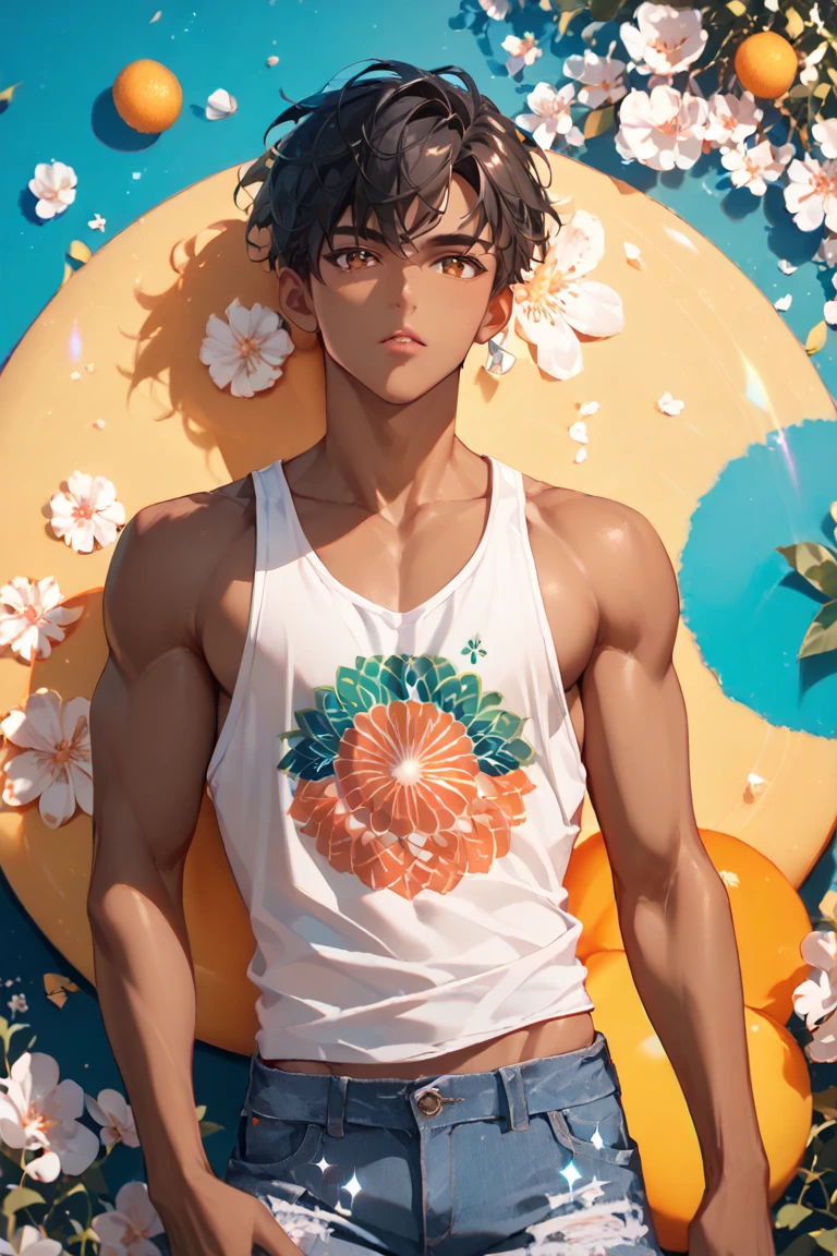 (best quality), realistic, hydrangea, garden, 15 year old Japanese idol boy,  (abs), black short hair, tanned dark skin, (detailed brown eyes), (smile:0.8),