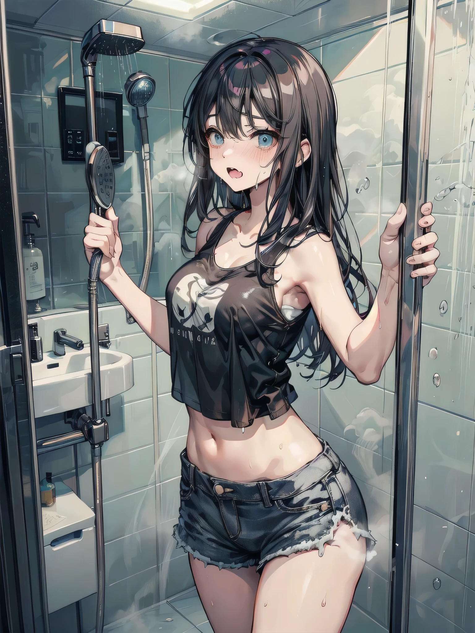 (nsfw), kochou shinobu, (((shy, Look Away))), (((Spread your legs, squat))), (((Cycling Shorts, Cycling spats))), ((((showerルーム)))), (((Get wet))), ((((((shower)))))) , whole body, boost mood, Ultra-realistic 8K CG,masterpiece,, ((Highly detailed background,Delicate pattern,Intricate details, Fine and beautiful eyes)),The best quality in the best condition,とてもとてもとても詳細なface, Highly detailed eyesとface,Highly detailed eyes,kochou shinobu,Multicolored Hair,No bangs,Hair Intake,, Purple eyes,,butterfly,band,(熱band庭園:1.2),Purple Flower,mostly cloudy null,Tyndall effect,slope_null,face,beautiful null,,Seductive posture,(Cleavage:1.3), woman,15 years old